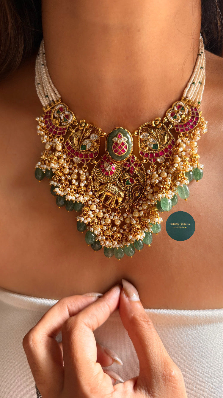 Chitrakatha Mint with rani pink kalash inlay rajwada collar set