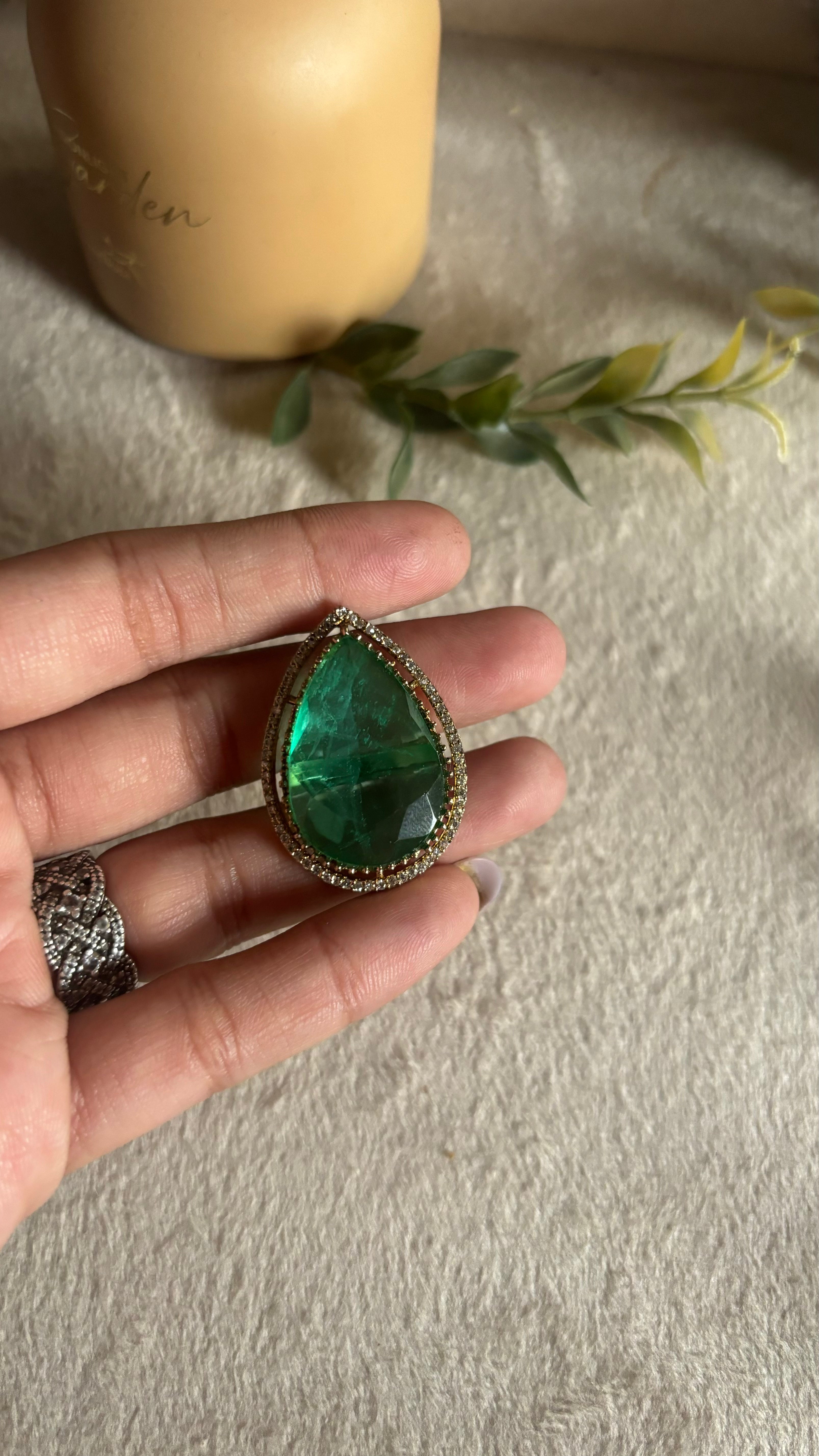 Emerald tear drop shape victorian ring