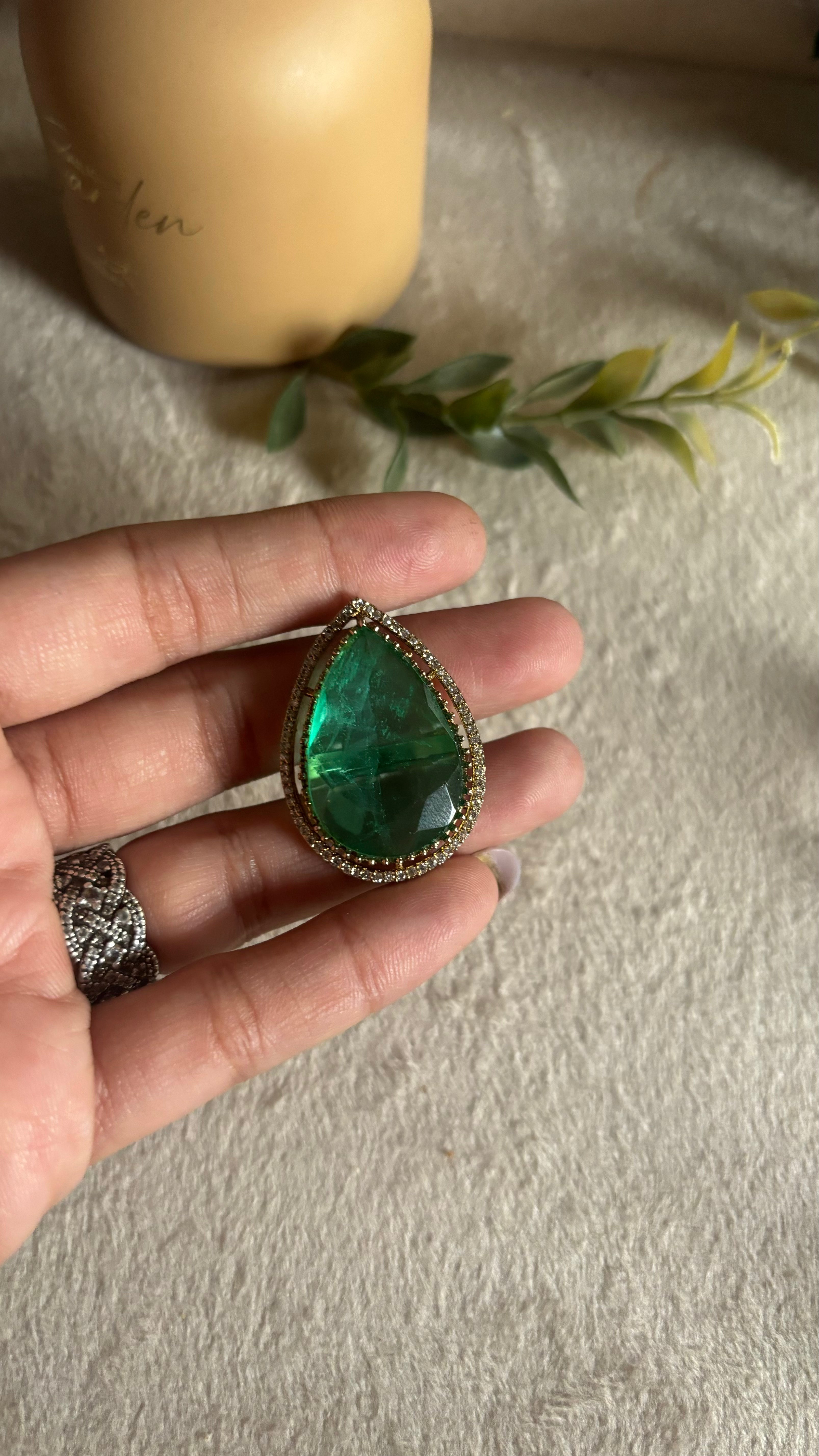 Emerald tear drop shape victorian ring