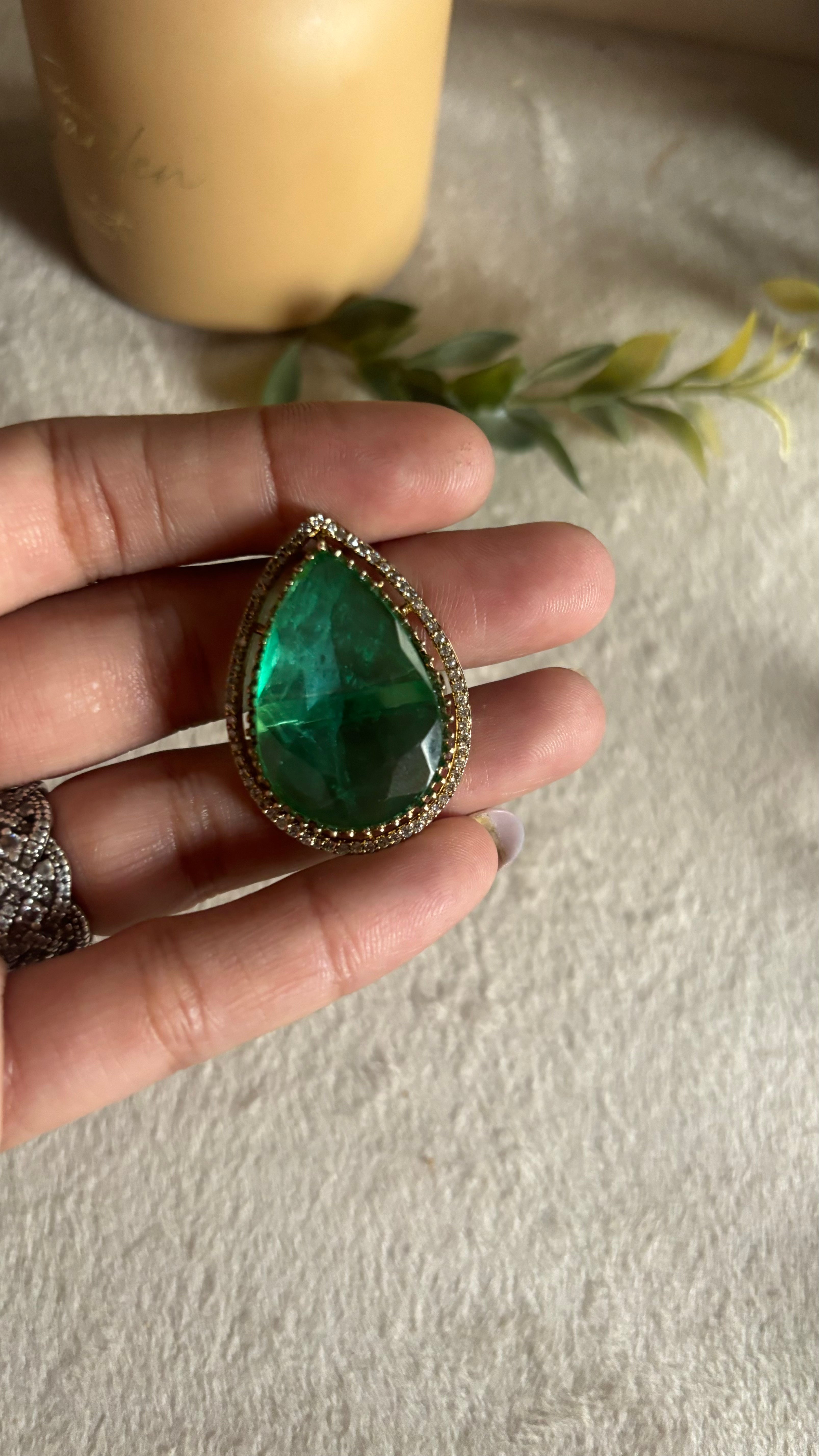 Emerald tear drop shape victorian ring