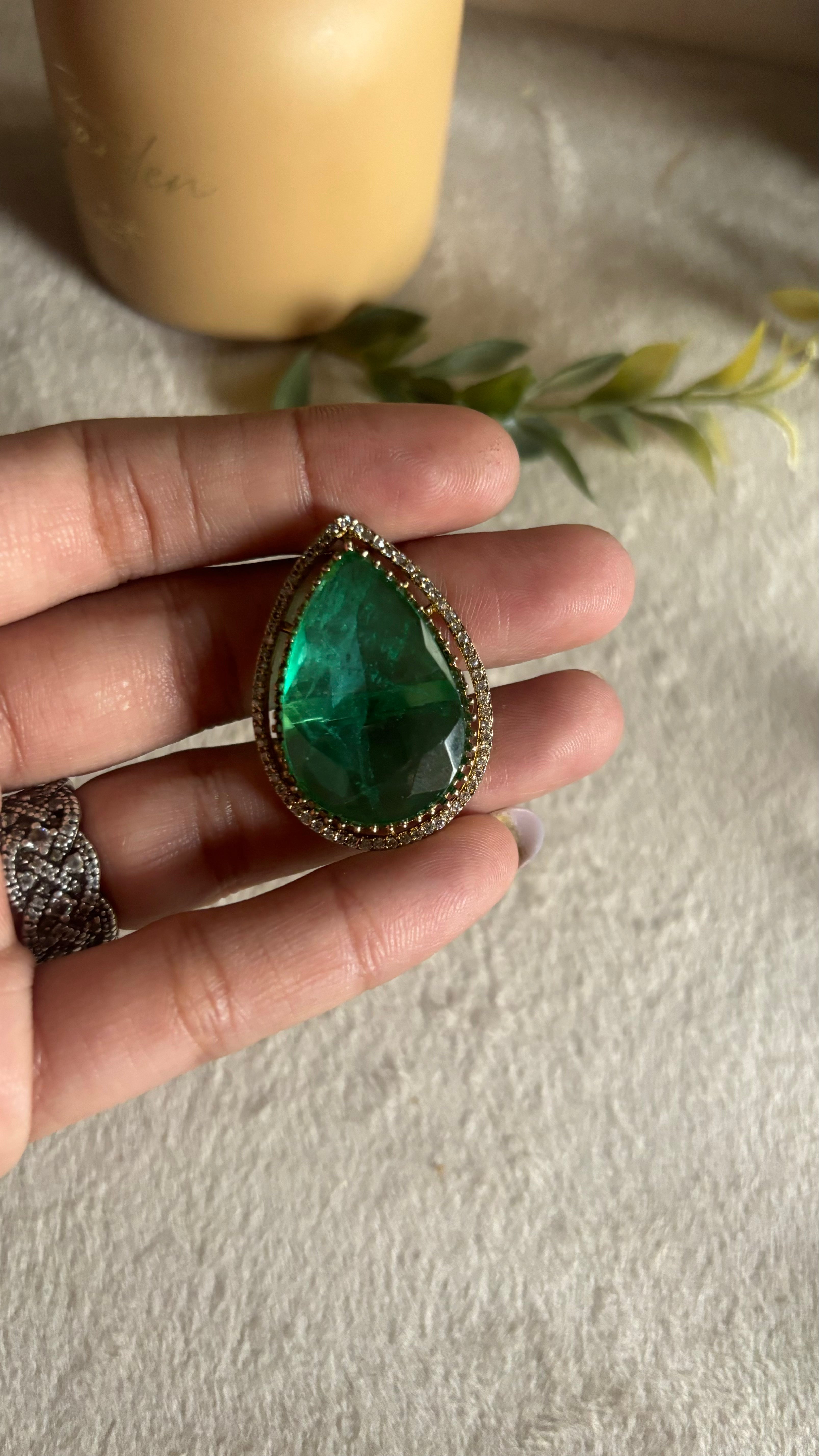 Emerald tear drop shape victorian ring