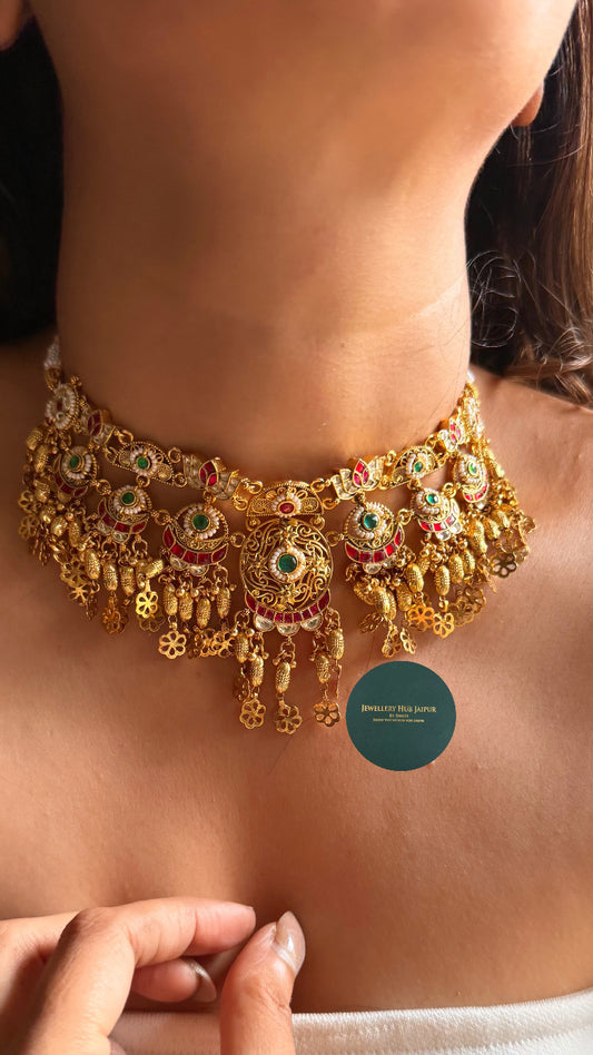 Emerald & rani pink katdana rajwada choker set
