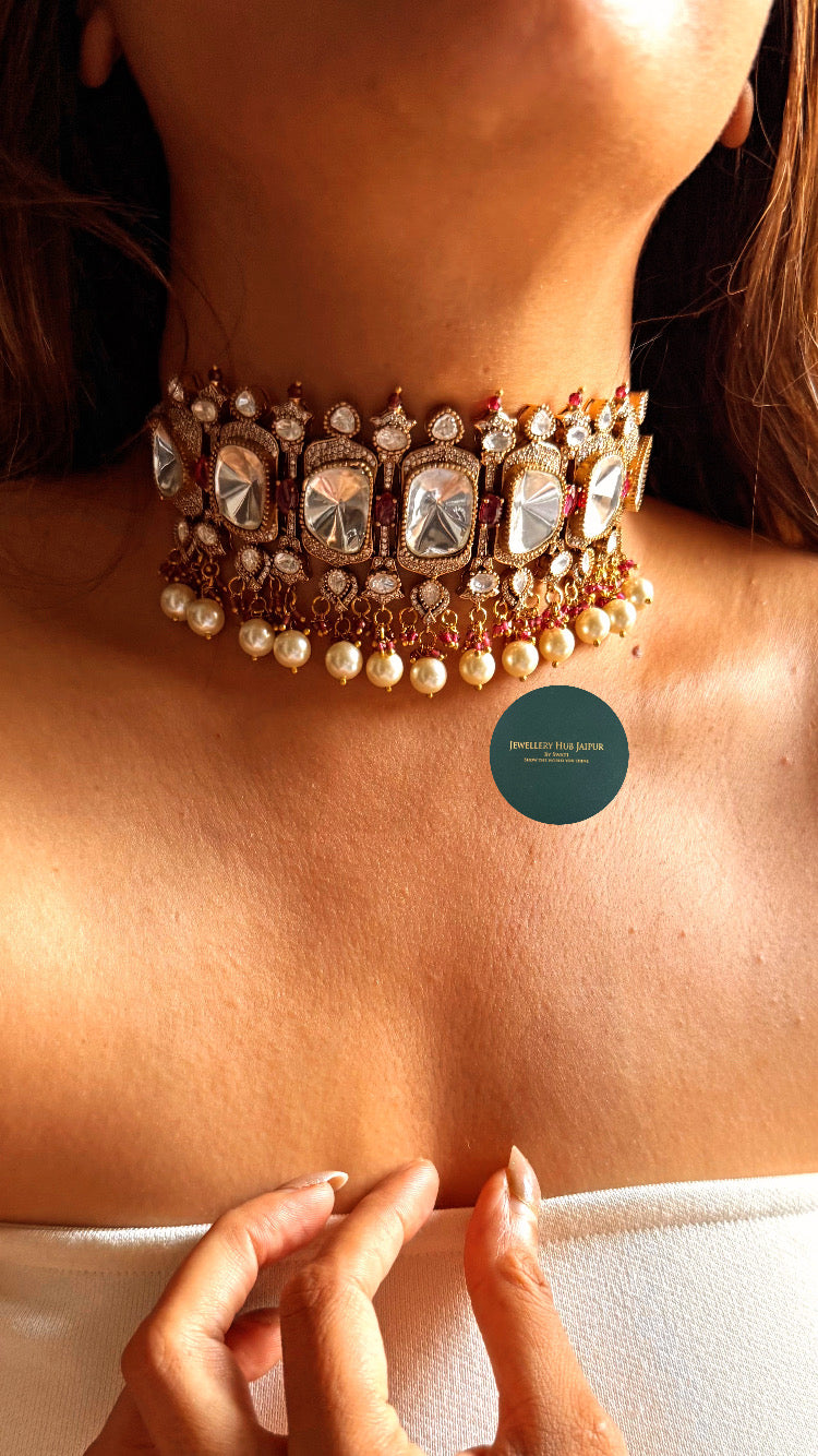 Moissanite polki & rani pink doublet choker