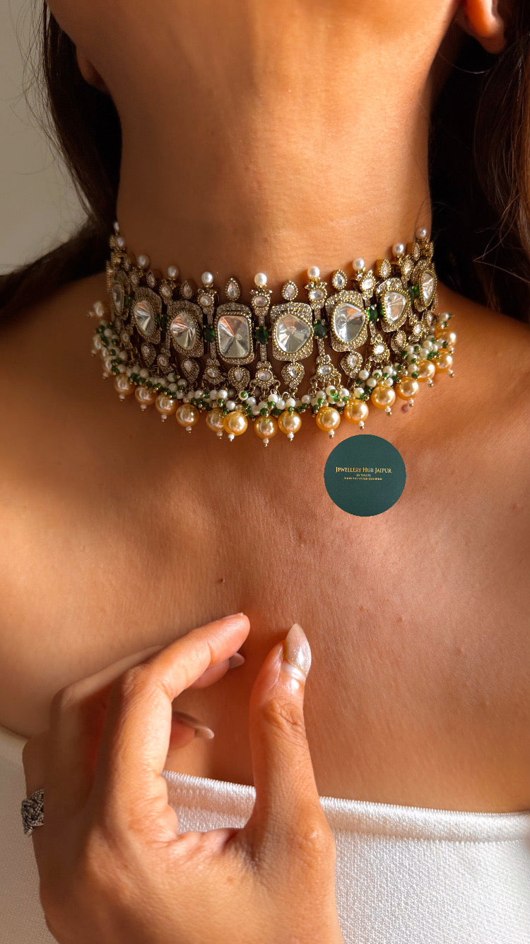 Moissanite polki & emerald doublet choker set