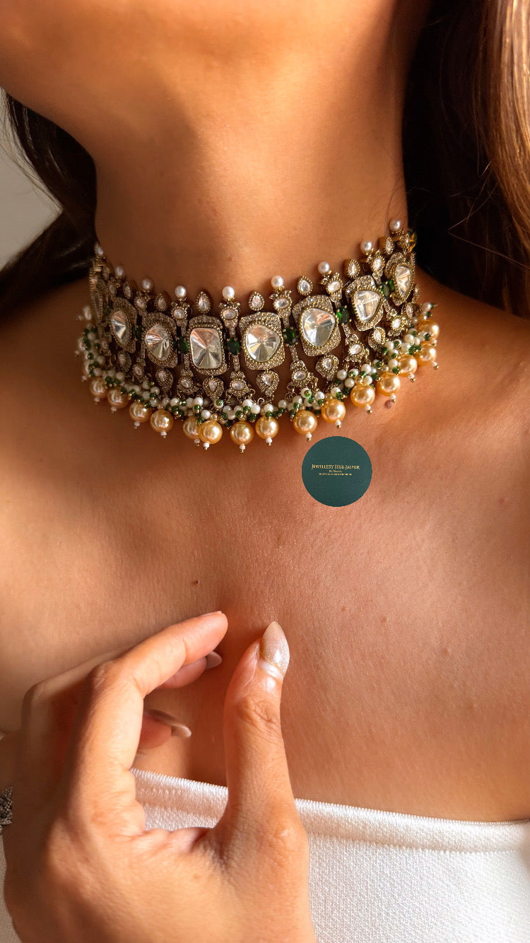 Moissanite polki & emerald doublet choker set