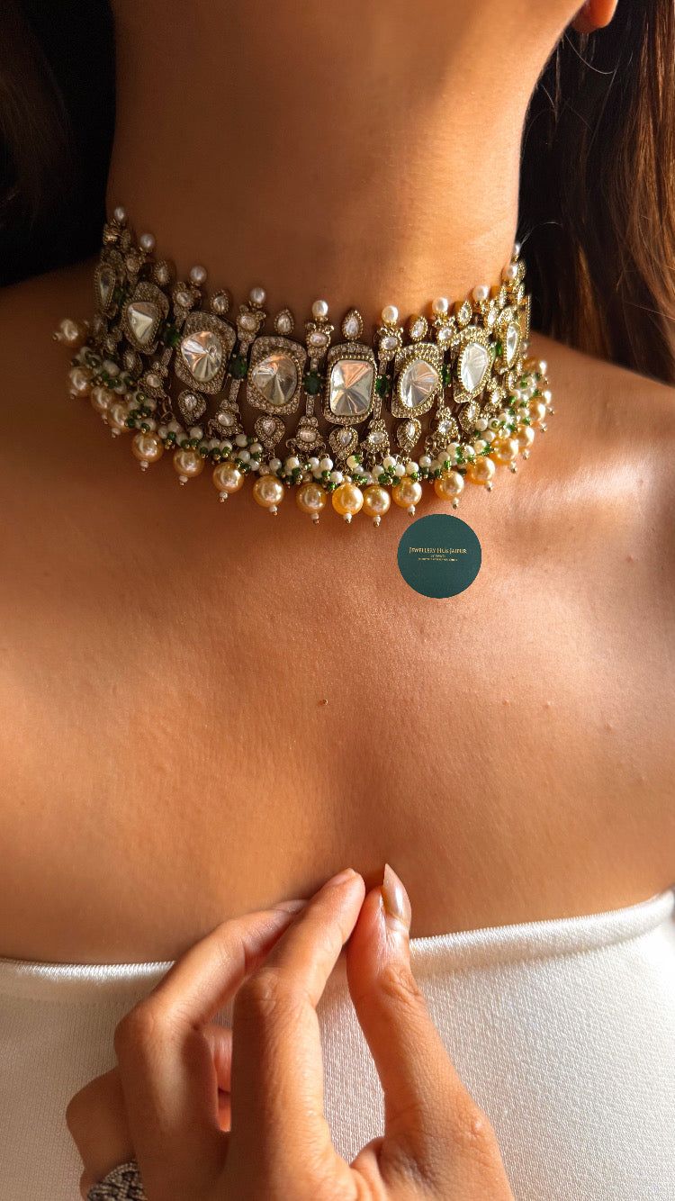 Moissanite polki & emerald doublet choker set