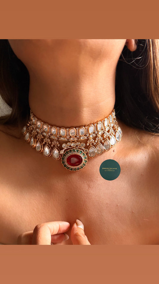 Ruby doublet & emerald moissanite polki choker