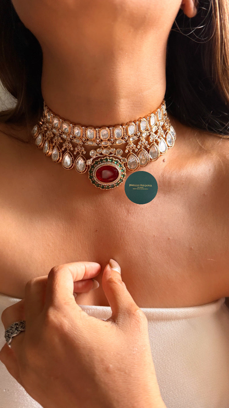 Ruby doublet & emerald moissanite polki choker