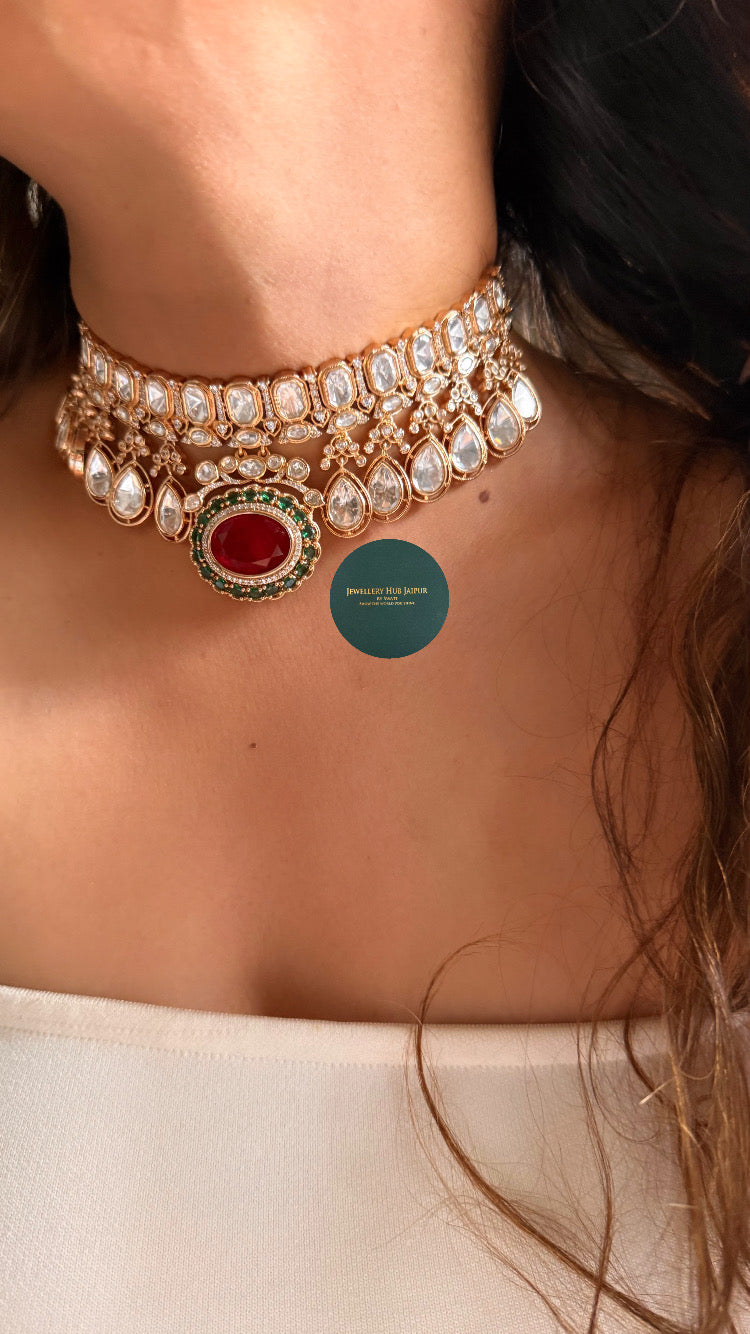 Ruby doublet & emerald moissanite polki choker