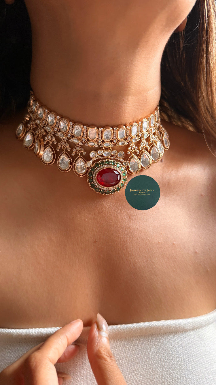 Ruby doublet & emerald moissanite polki choker