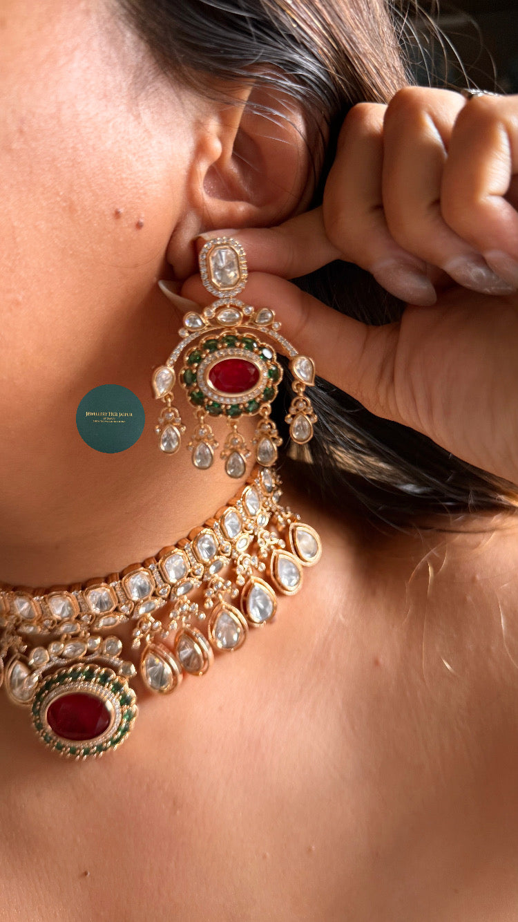 Ruby doublet & emerald moissanite polki choker