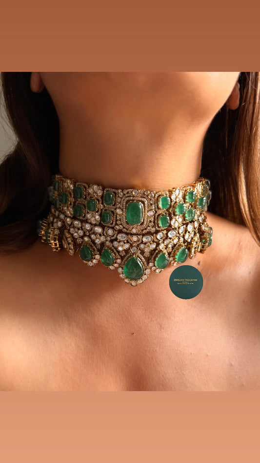 Emerald doublet moissanite polki choker set