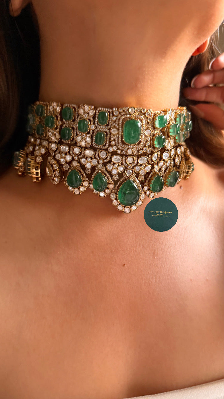 Emerald doublet moissanite polki choker set