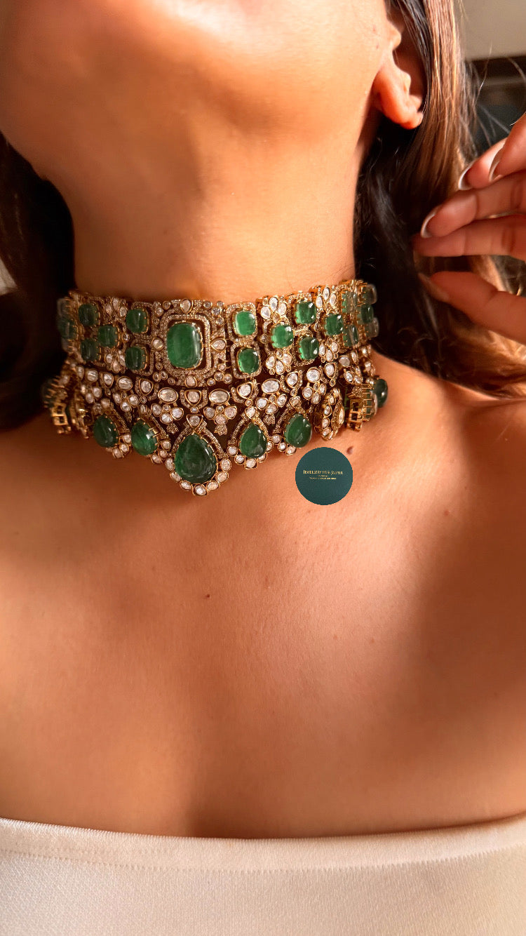 Emerald doublet moissanite polki choker set