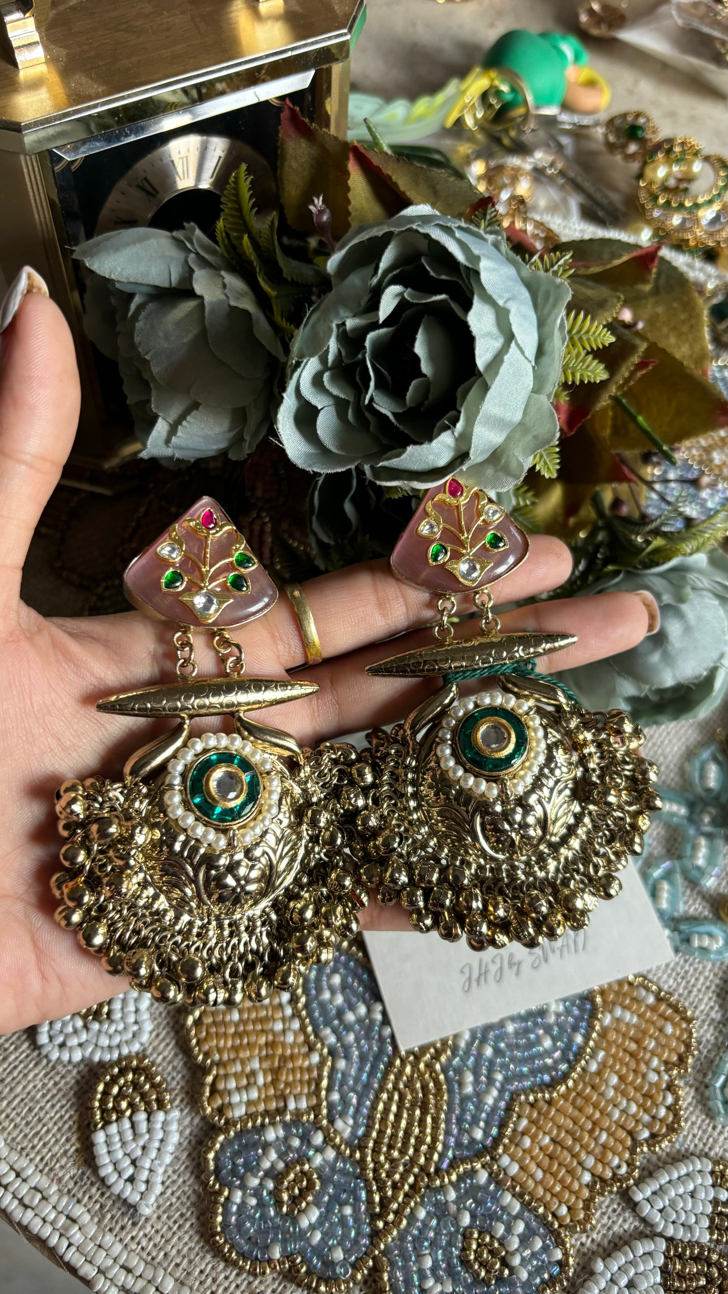 Blush pink emerald rajwada danglers