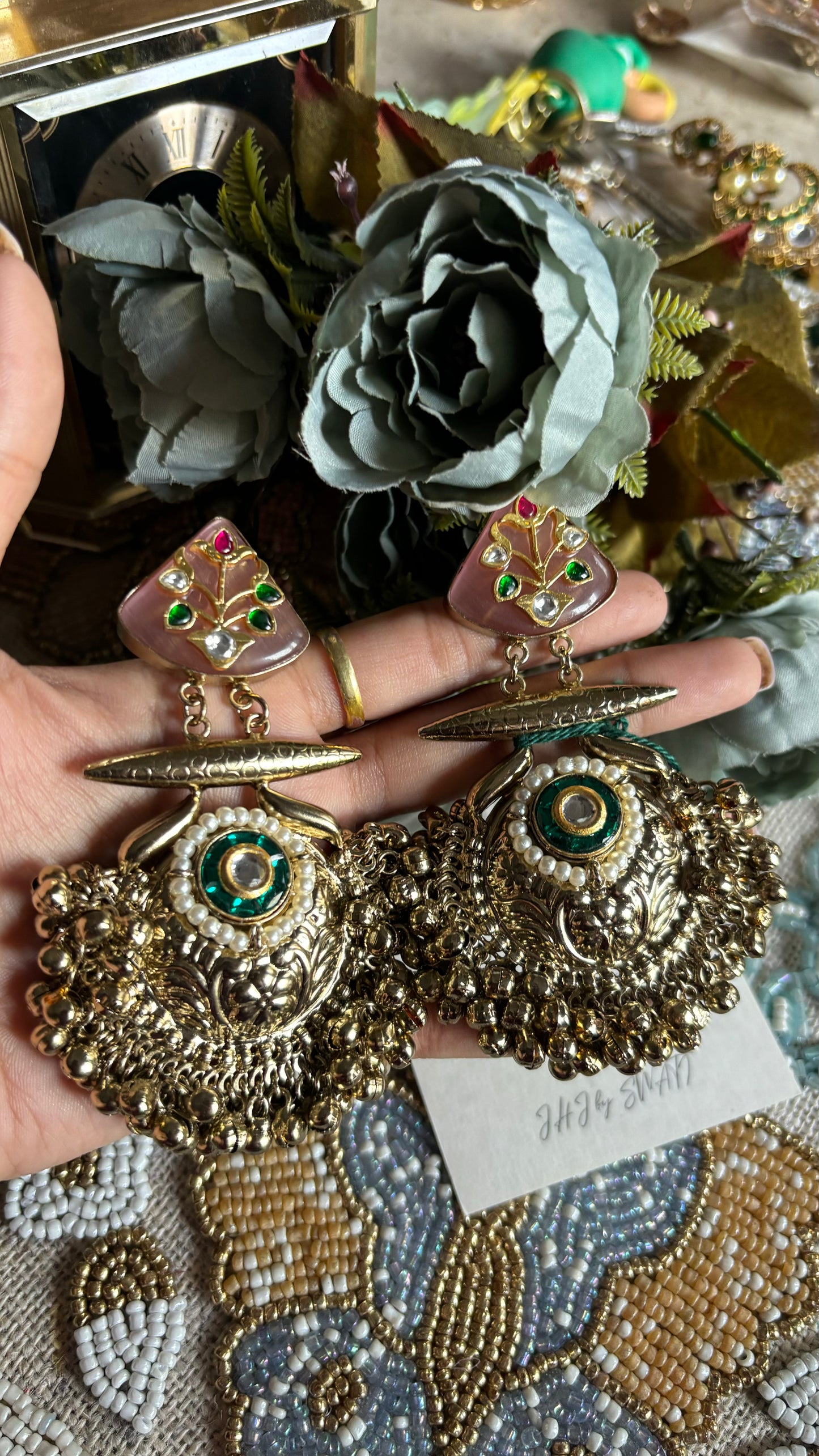 Blush pink emerald rajwada danglers
