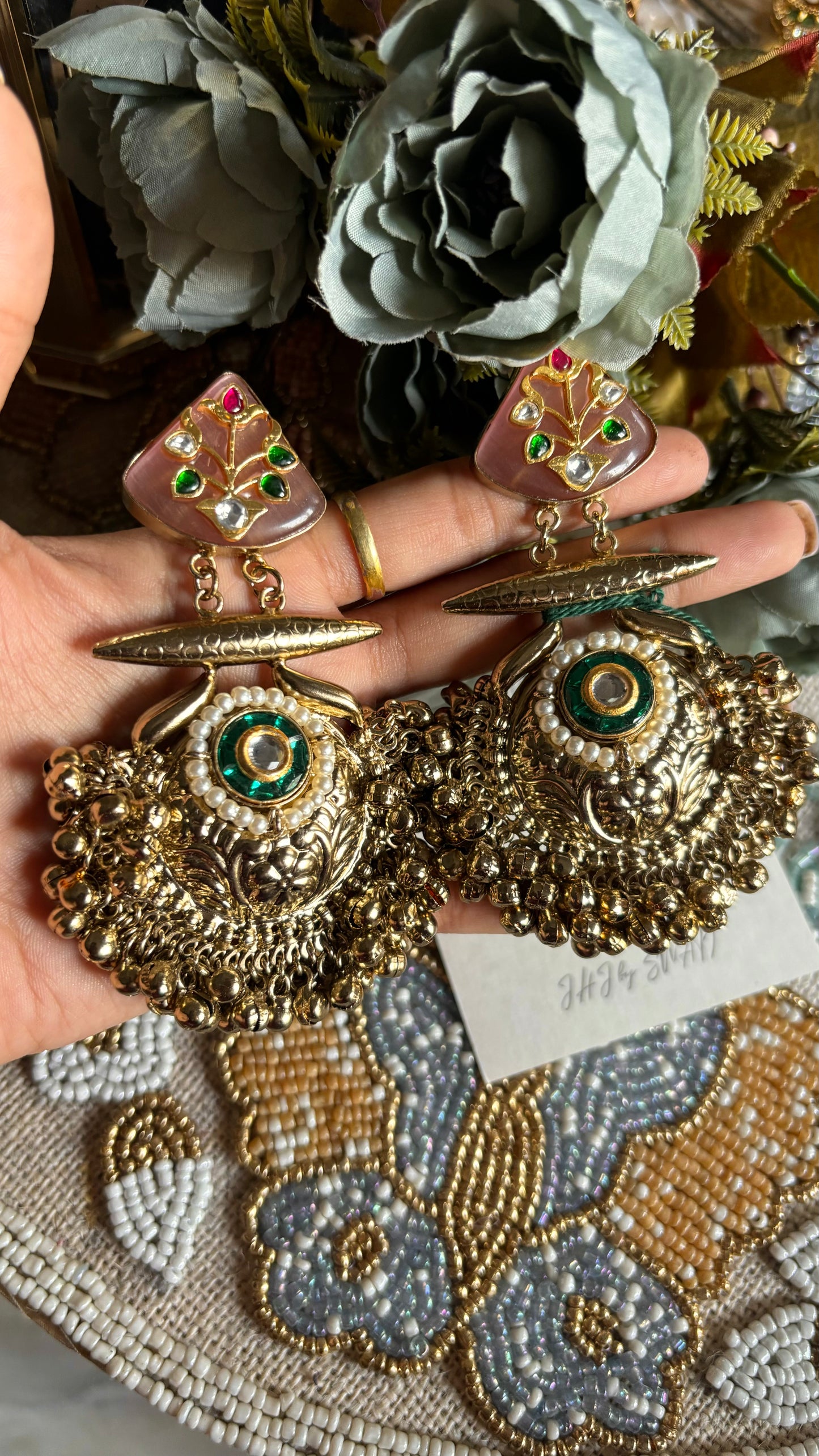 Blush pink emerald rajwada danglers