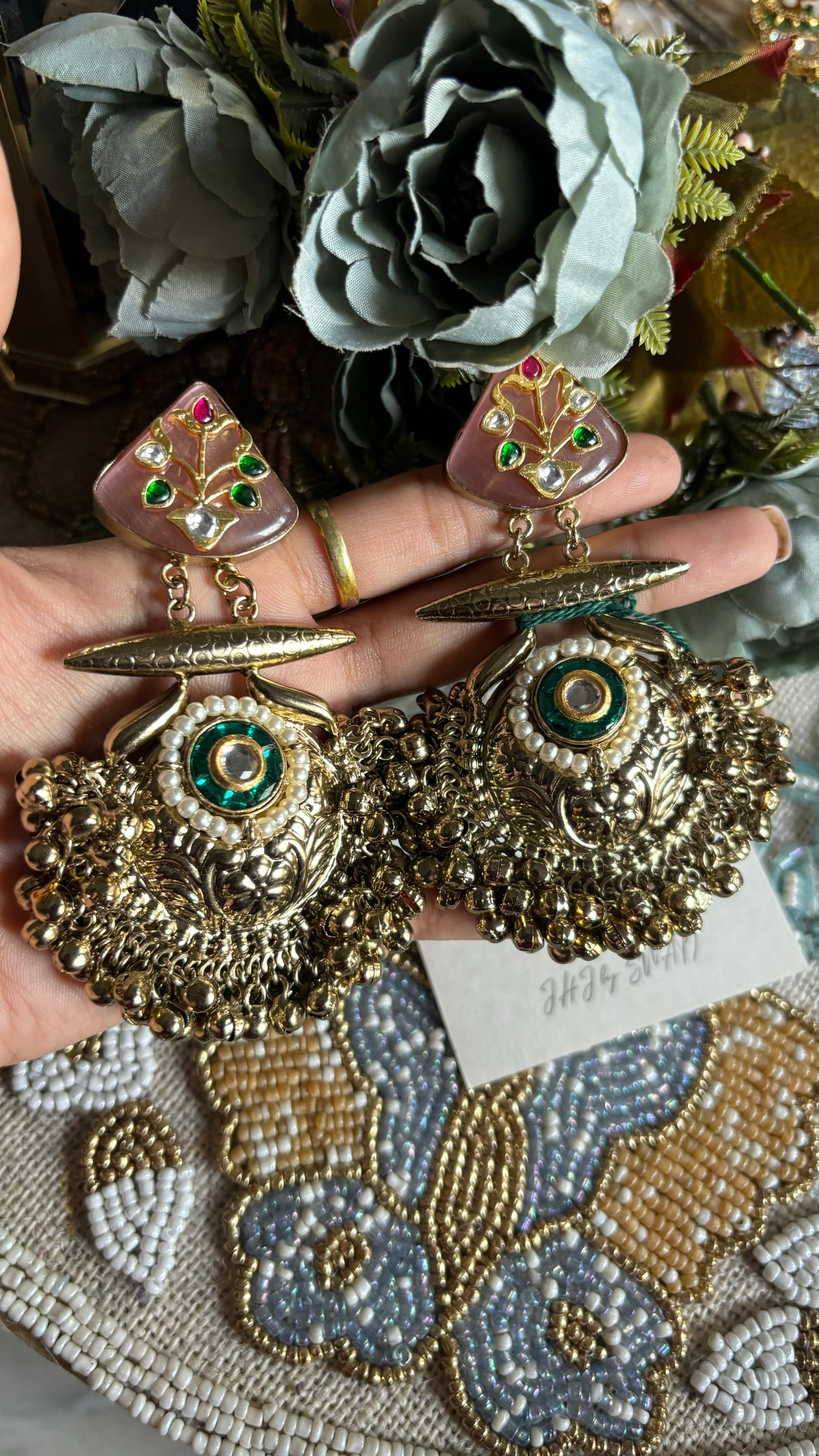 Blush pink emerald rajwada danglers