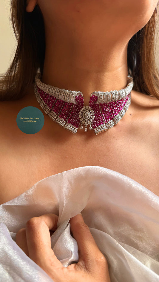VERDANTIA Rani pink collar designed diamond cocktail choker set