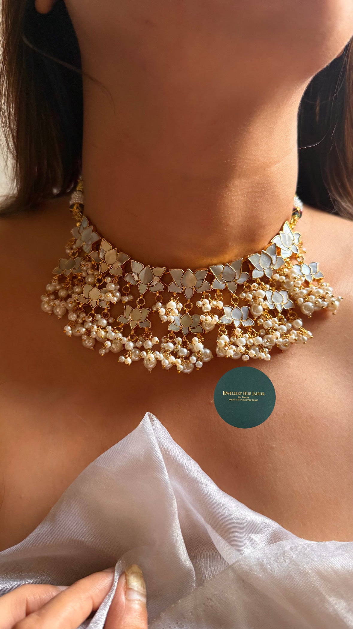 Mother of pearl with lotus designed paachi & pearl drop set
