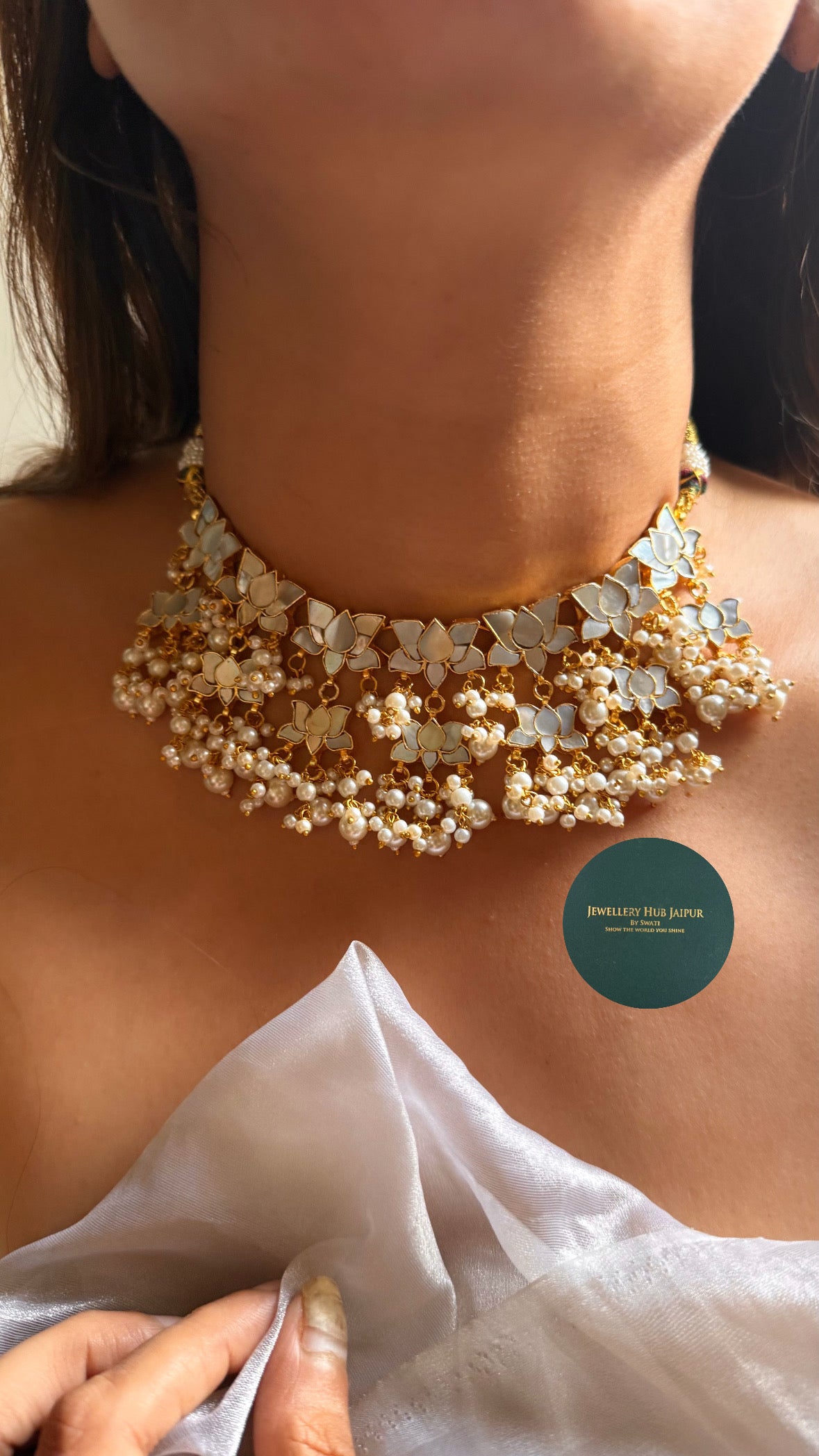 Mother of pearl with lotus designed paachi & pearl drop set