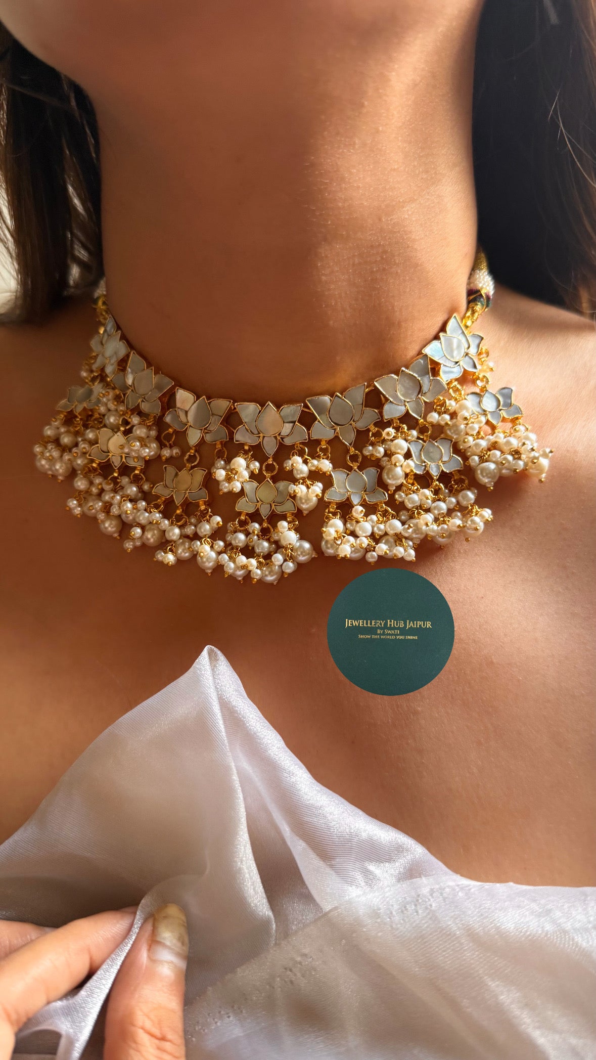 Mother of pearl with lotus designed paachi & pearl drop set