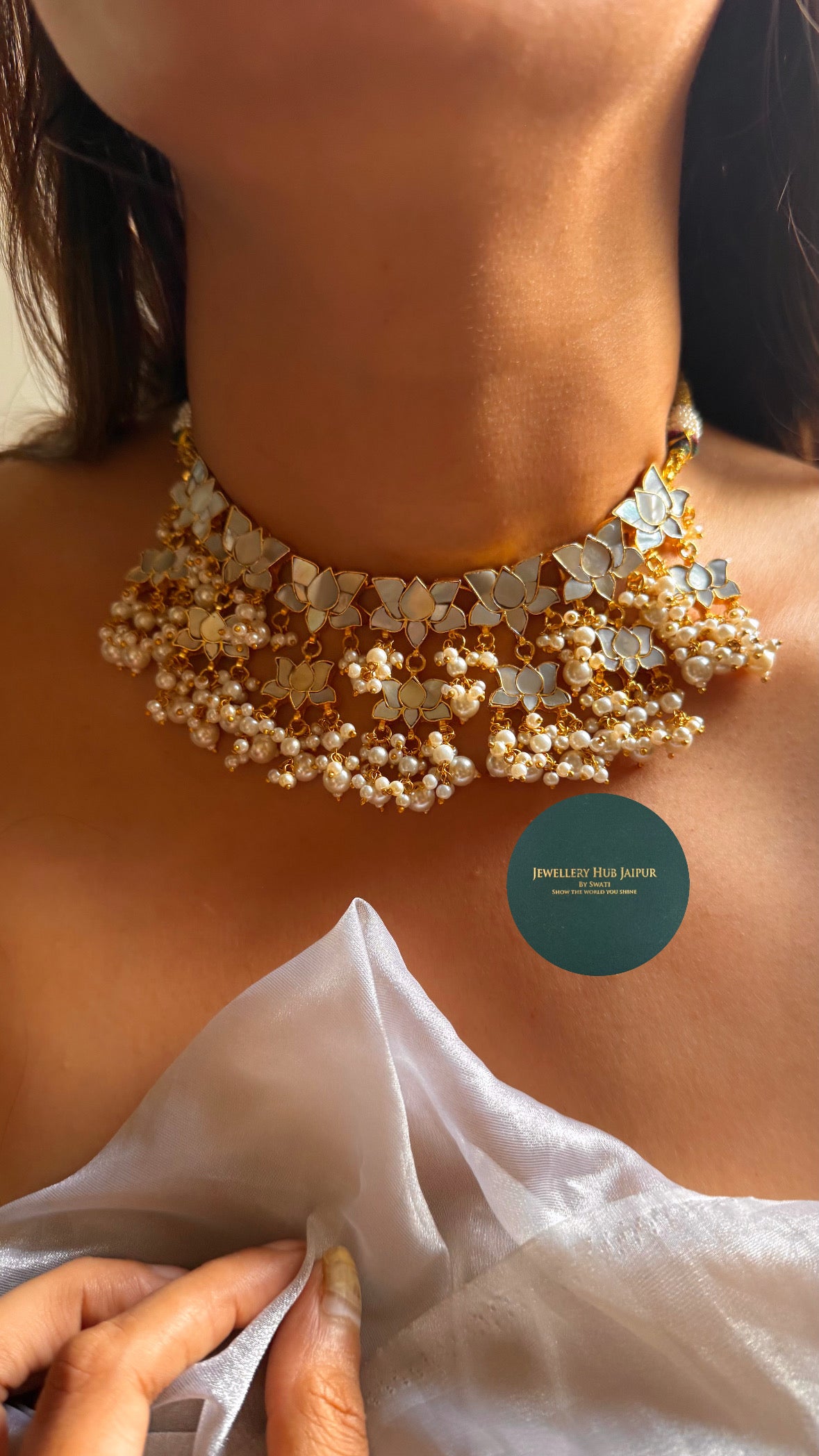 Mother of pearl with lotus designed paachi & pearl drop set