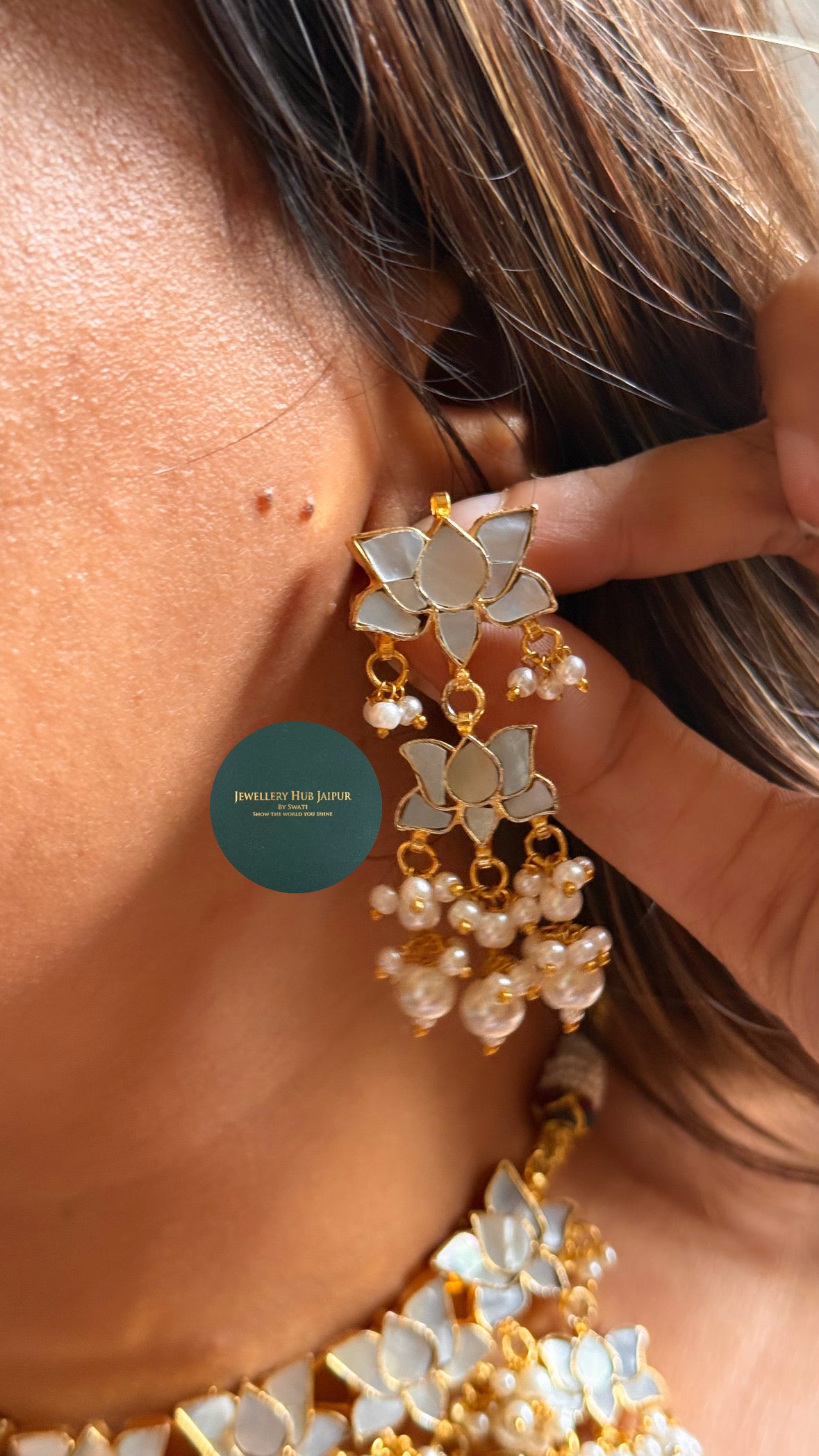 Mother of pearl with lotus designed paachi & pearl drop set