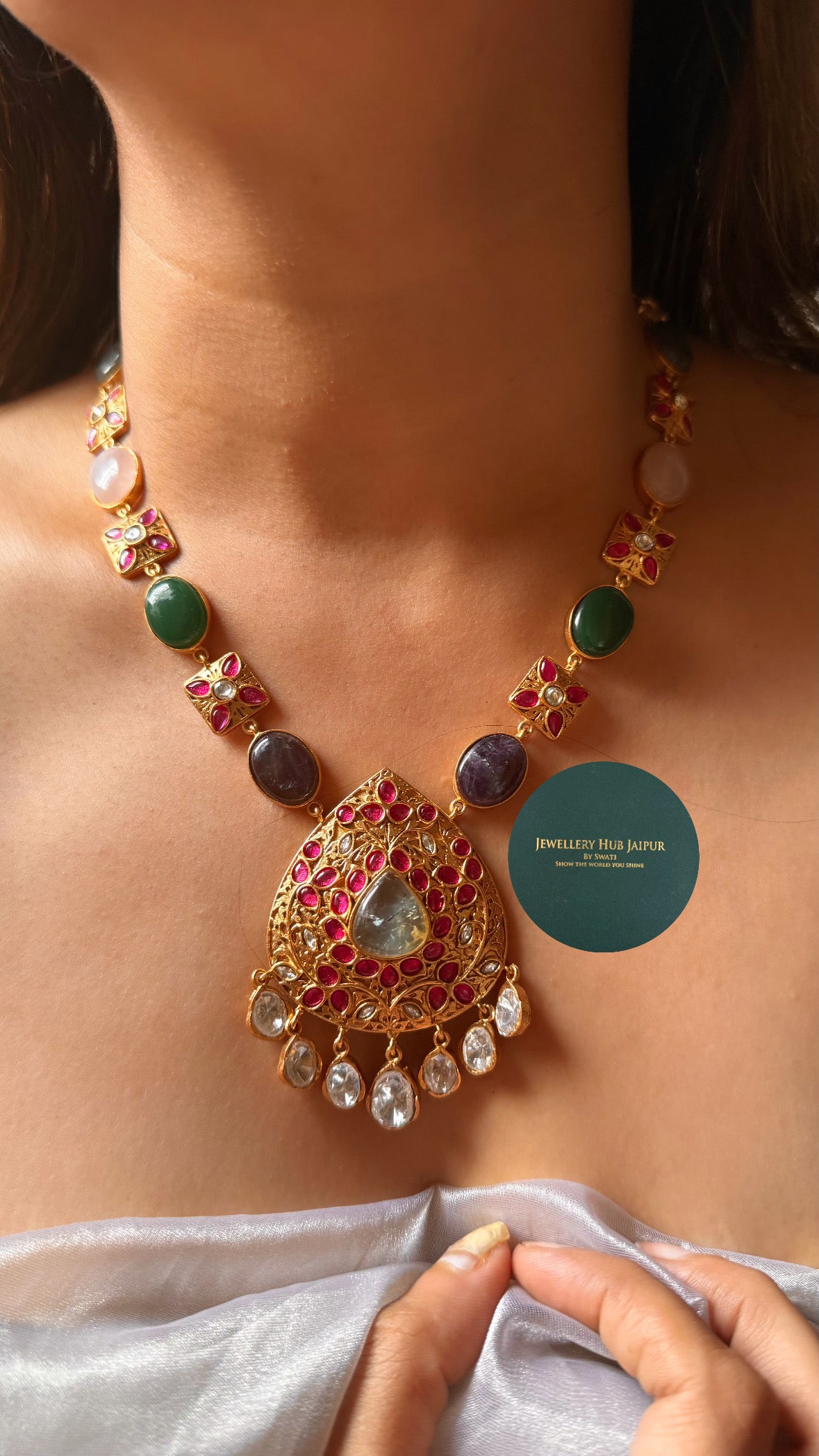 Amrapali inspired Navratna natural gems mid length set
