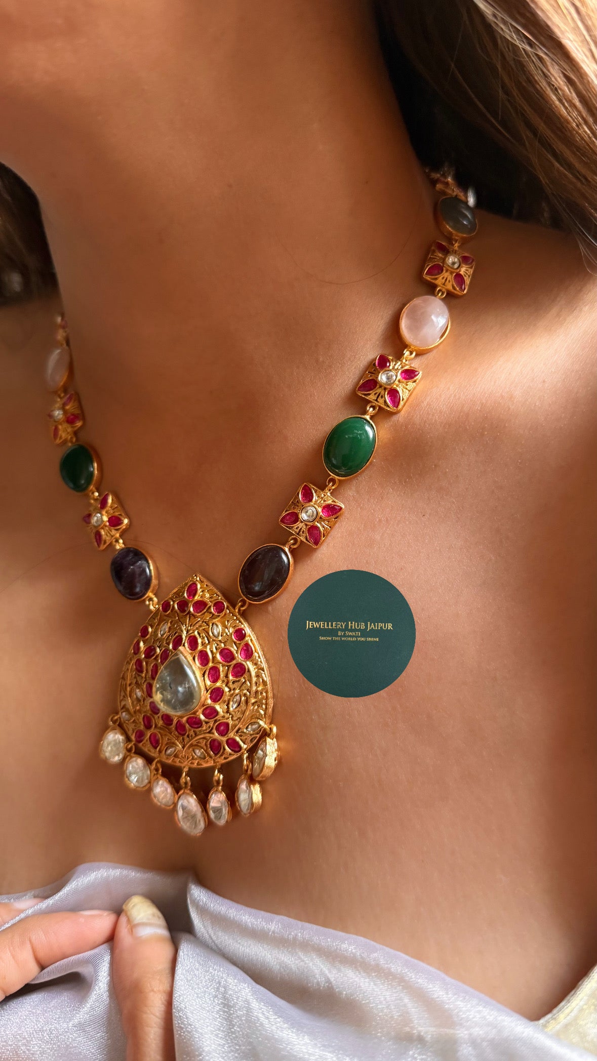Amrapali inspired Navratna natural gems mid length set