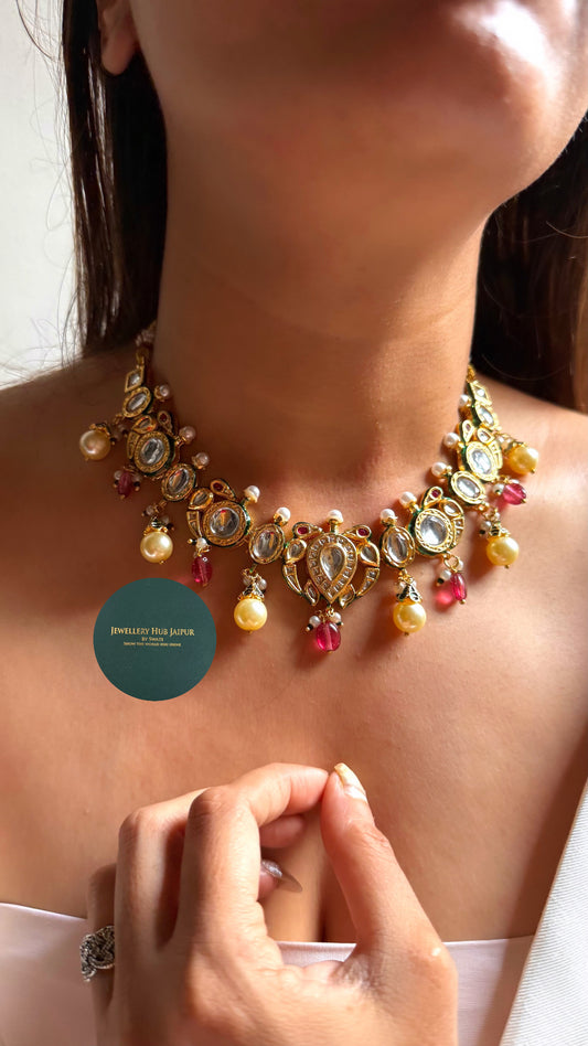 Paachi Kundan with Rani pink & pearl drops collar set