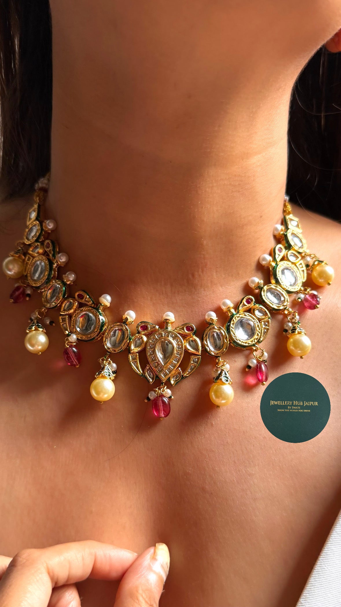 Paachi Kundan with Rani pink & pearl drops collar set
