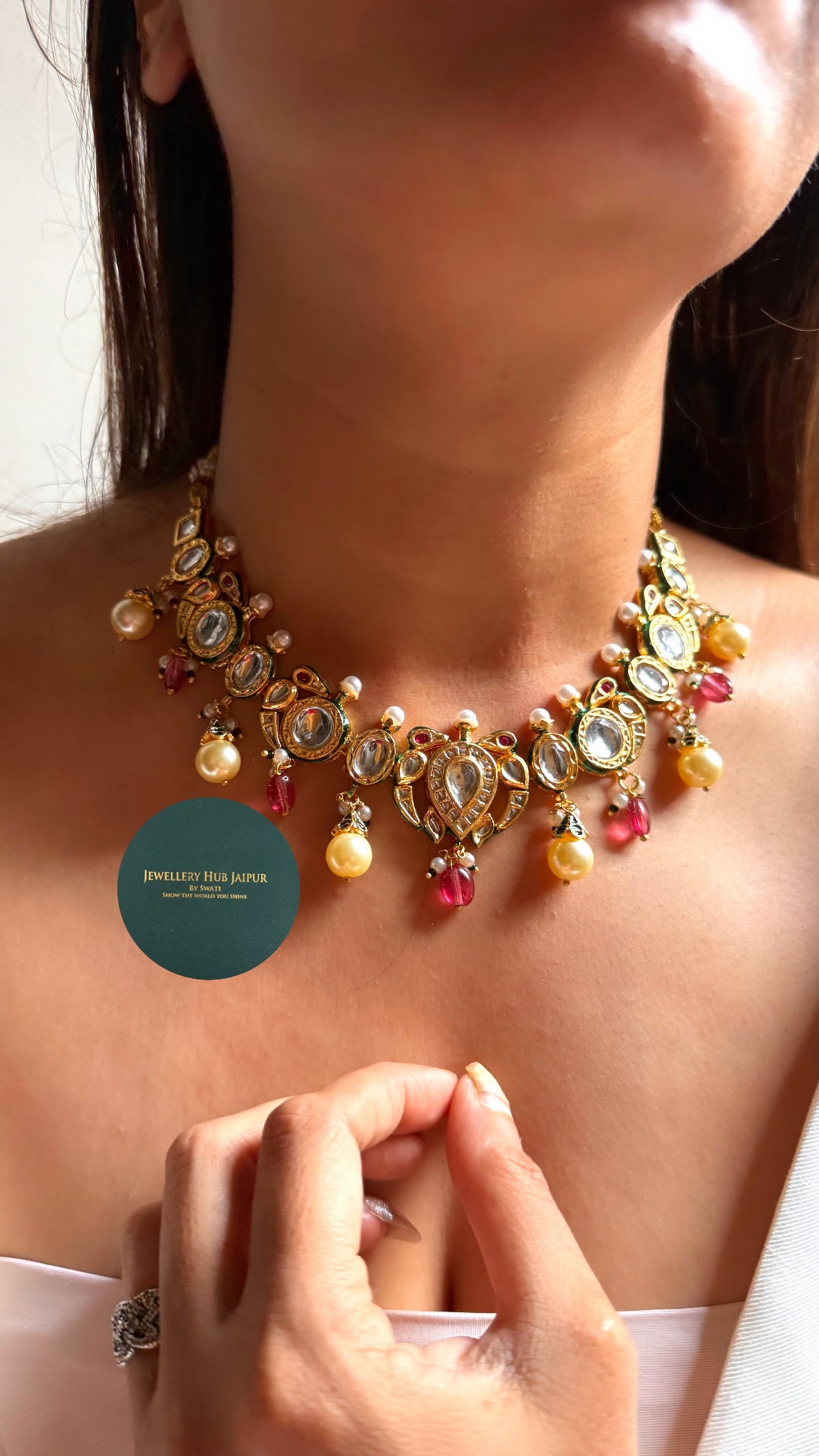 Paachi Kundan with Rani pink & pearl drops collar set