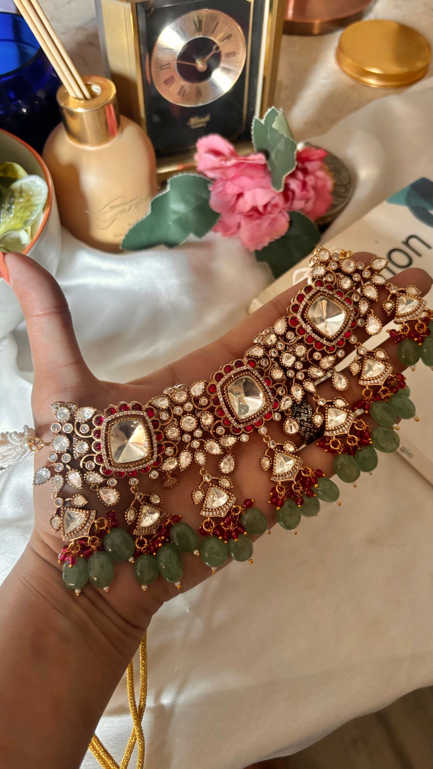 Bridal Asia Rani & mint moissanite uncut polki choker
