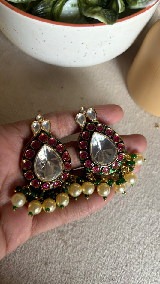 Uncut polki meenakari studs with pearl drops
