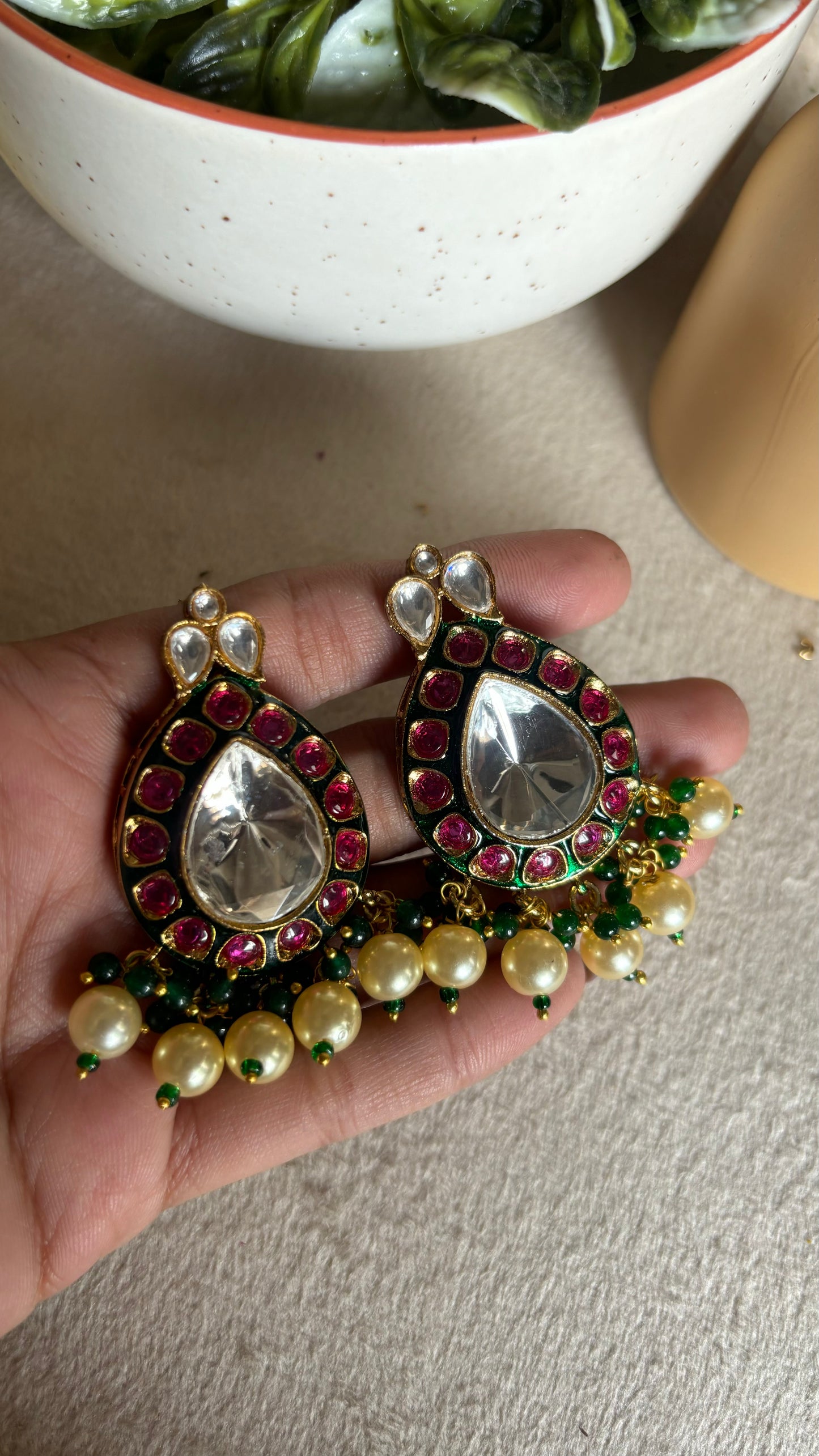 Uncut polki meenakari studs with pearl drops