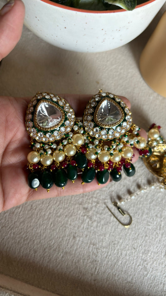 Meenakari emerald polki maangtika earrings duo