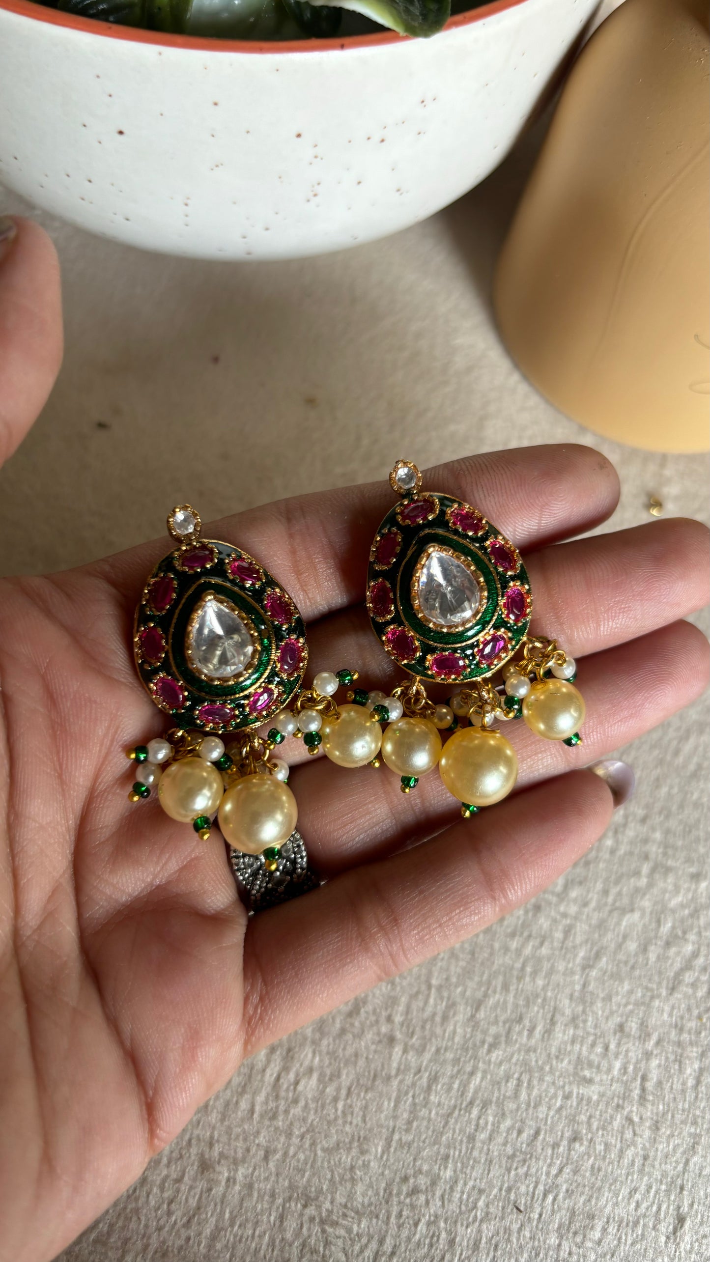 Ruby & emerald meena pearl stud