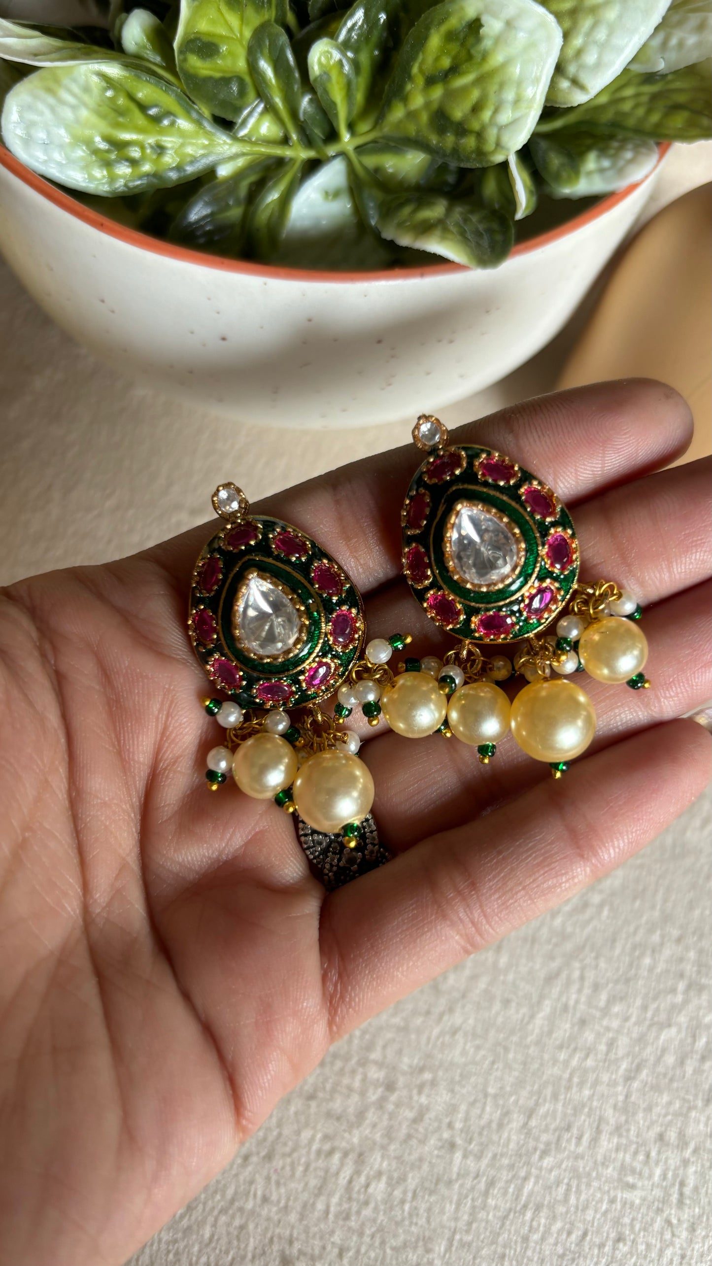 Ruby & emerald meena pearl stud