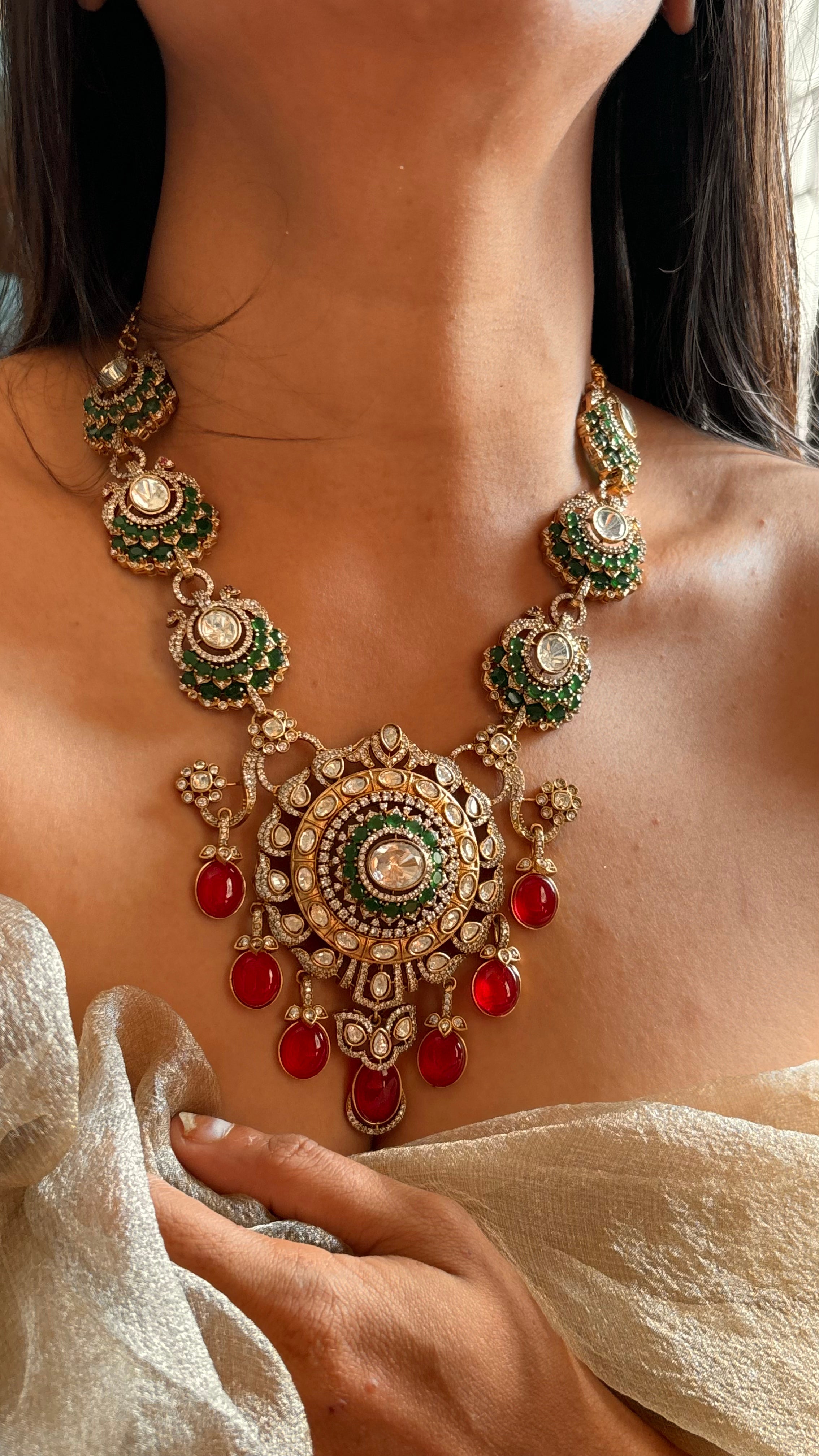 Emerald and ruby mid neck set