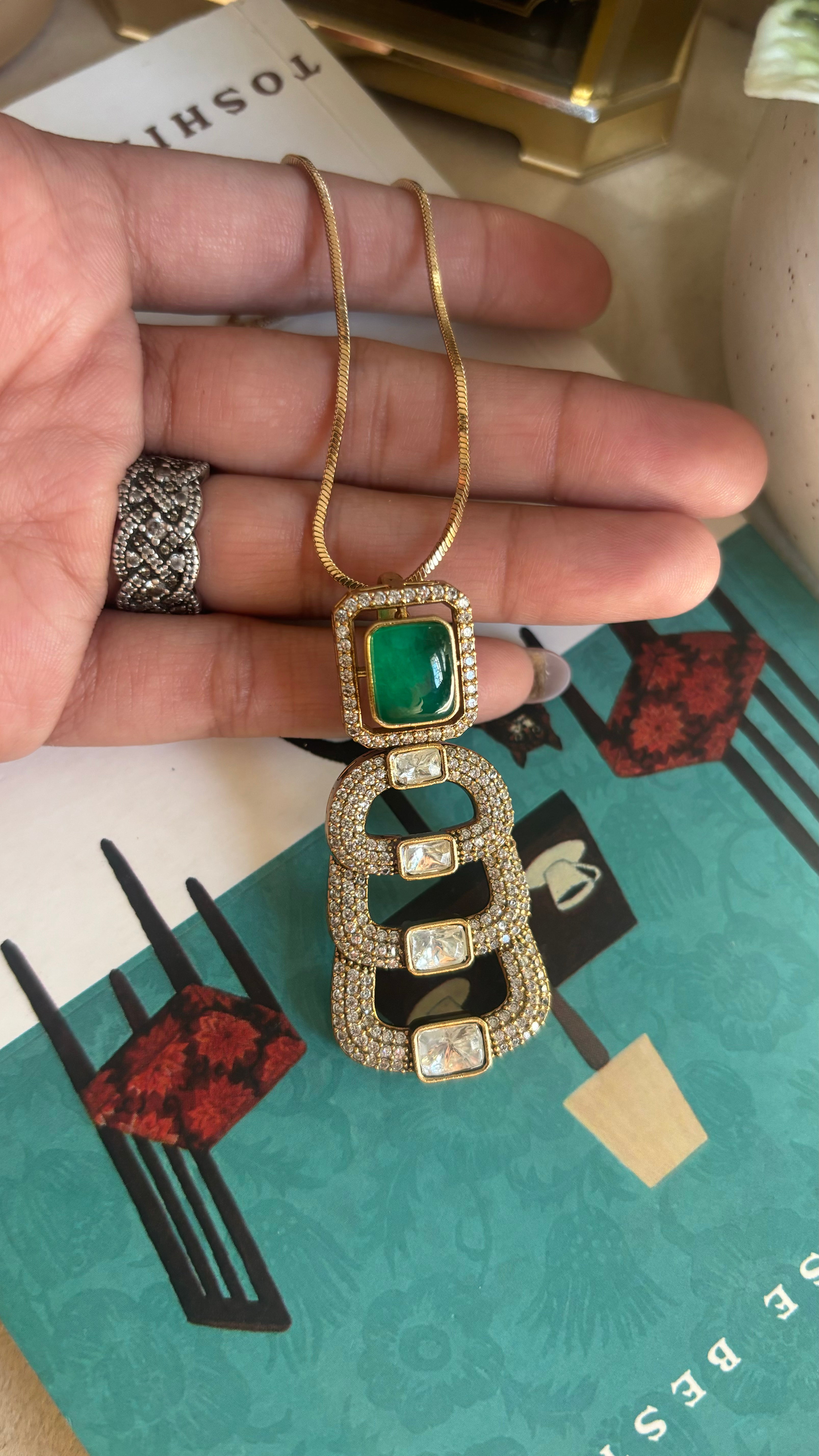 Emerald doublet ladder pendant set