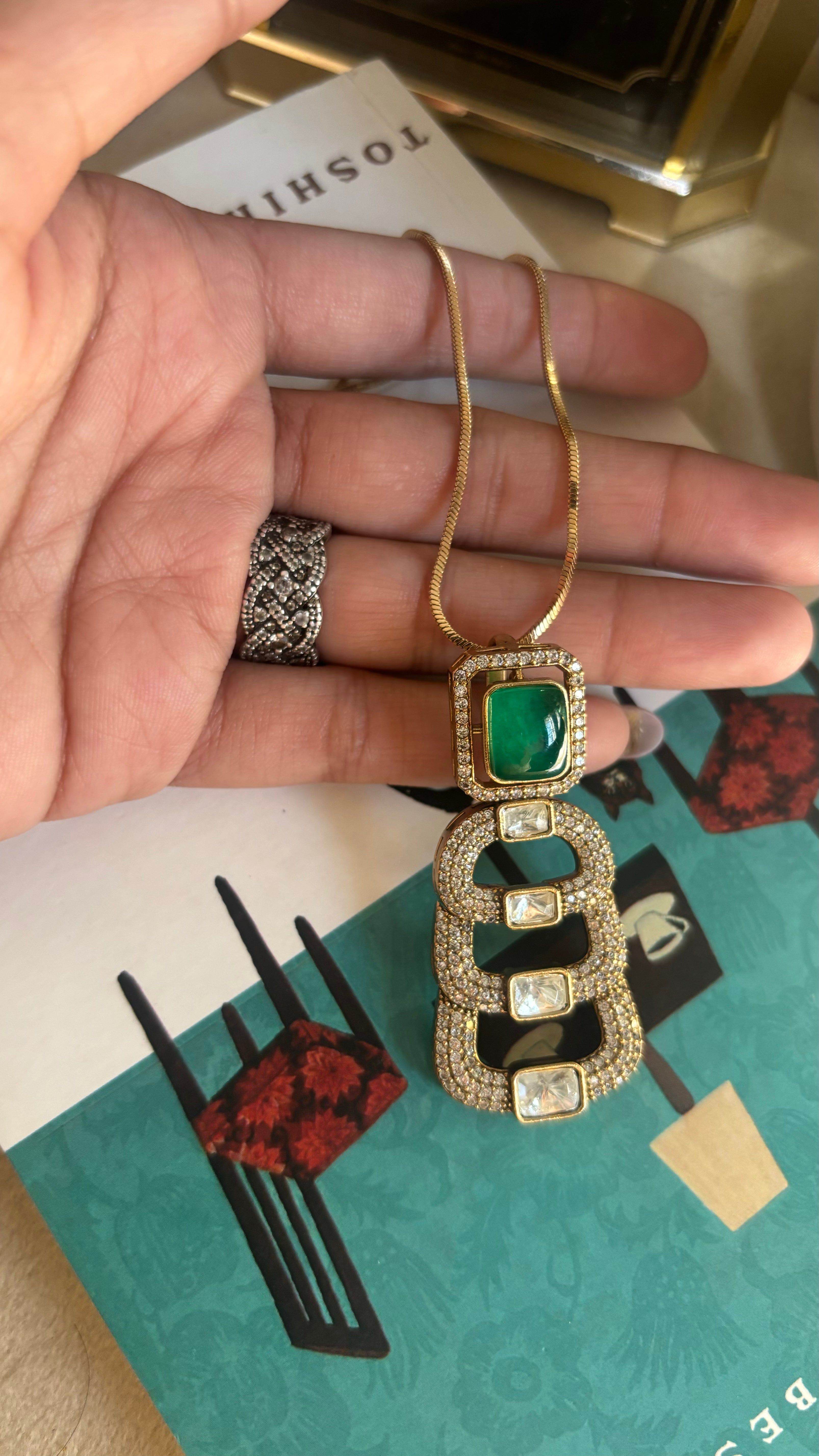 Emerald doublet ladder pendant set