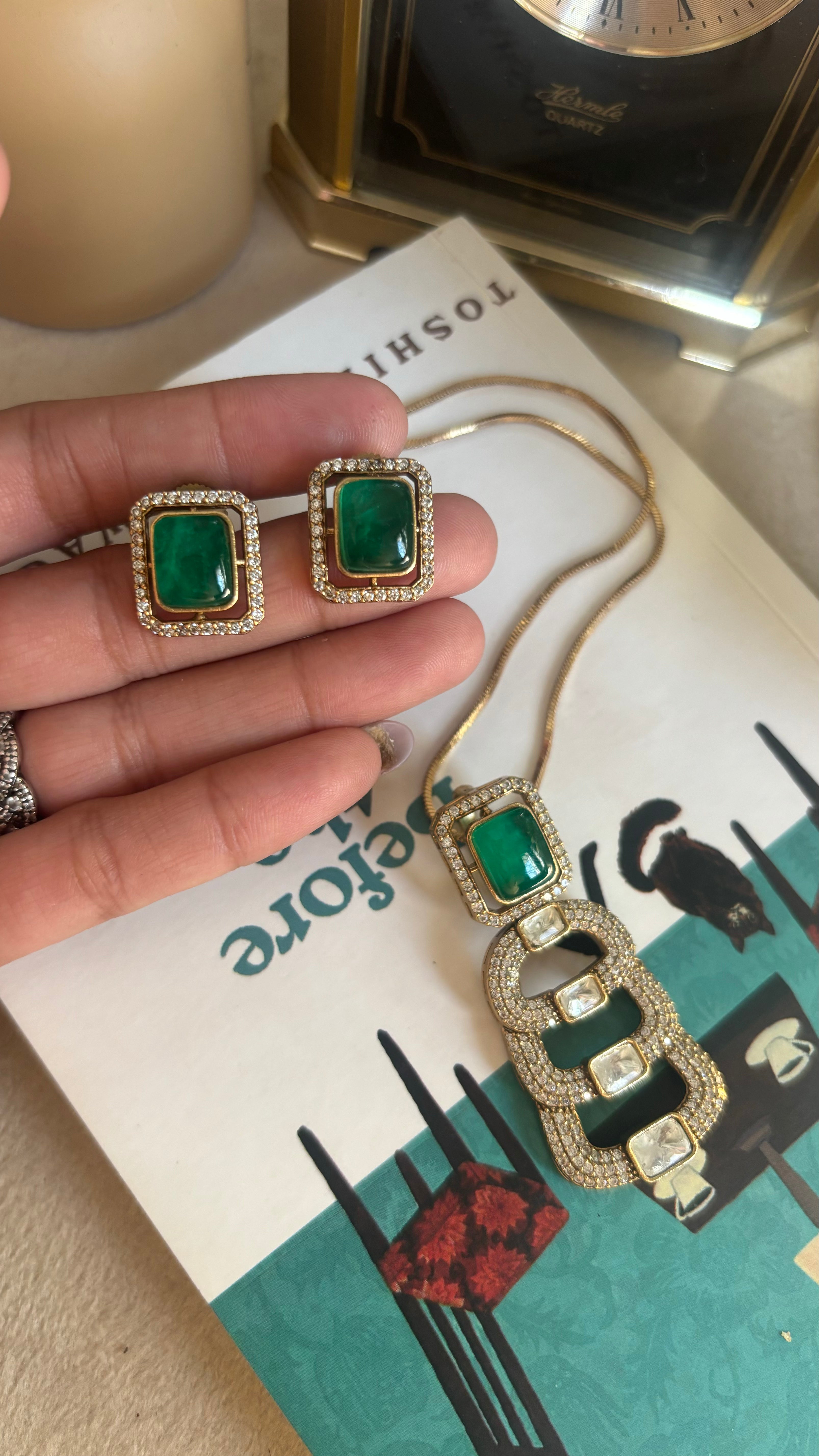 Emerald doublet ladder pendant set