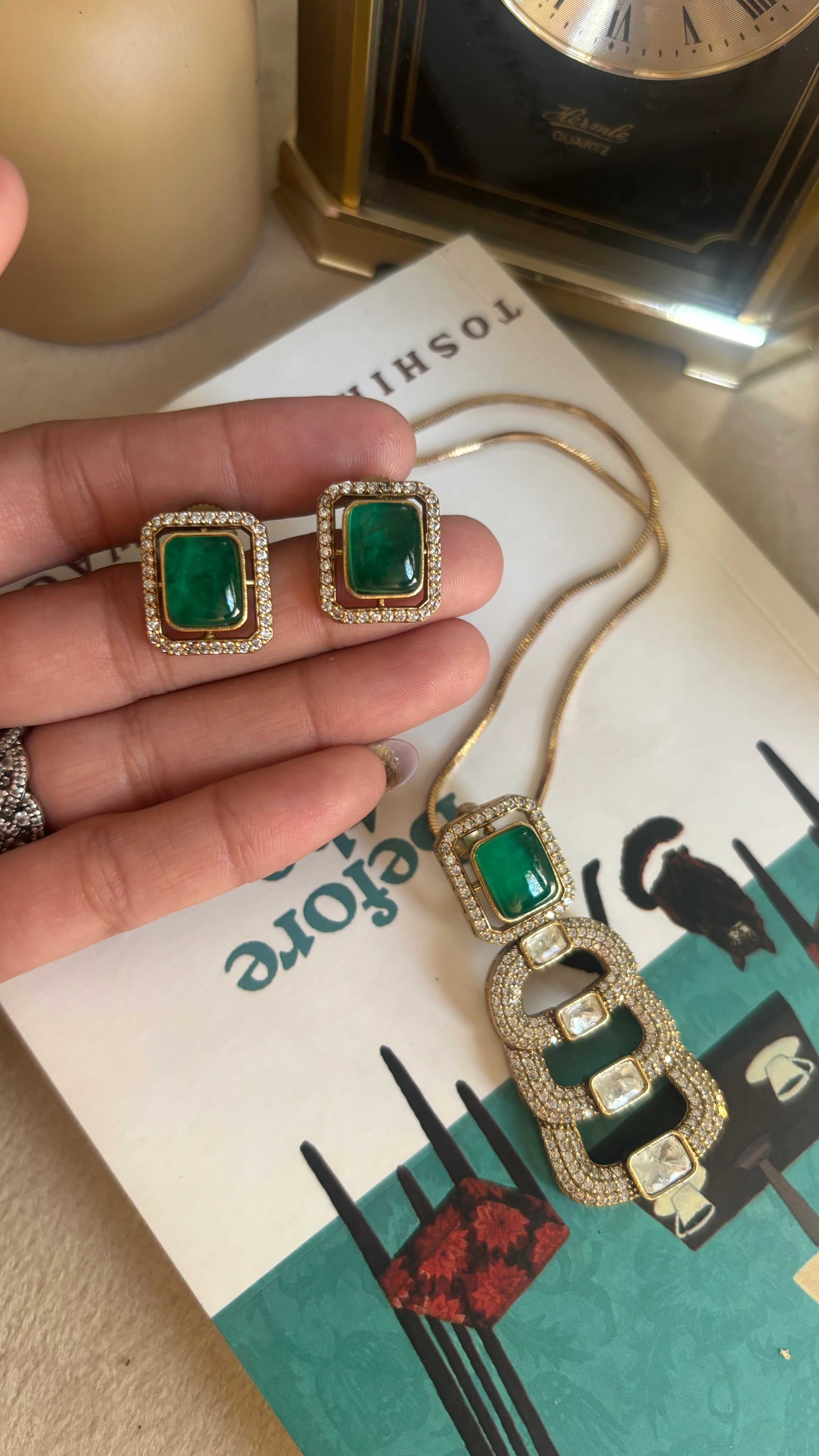 Emerald doublet ladder pendant set