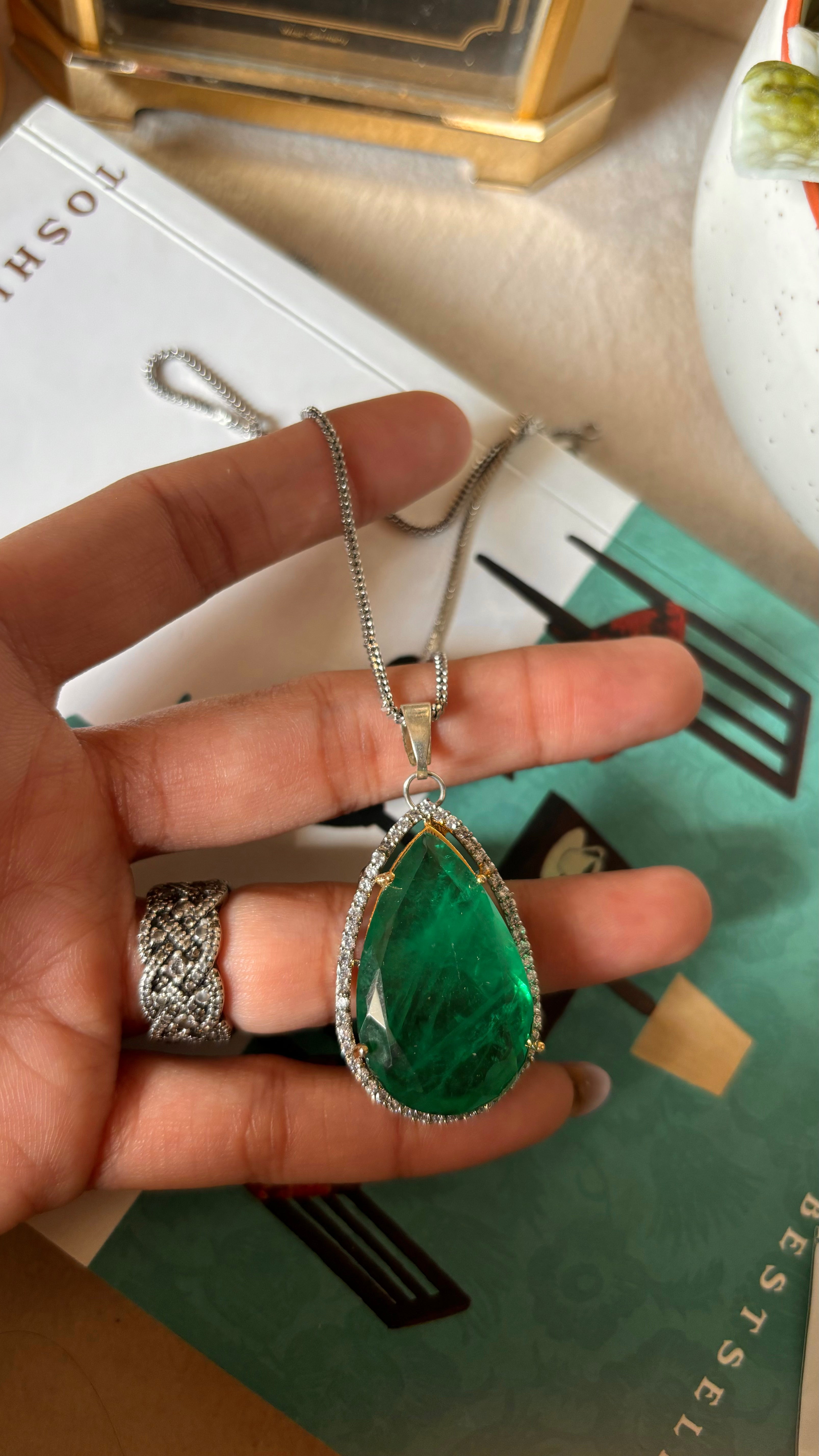 Emerald tear drop pendant set