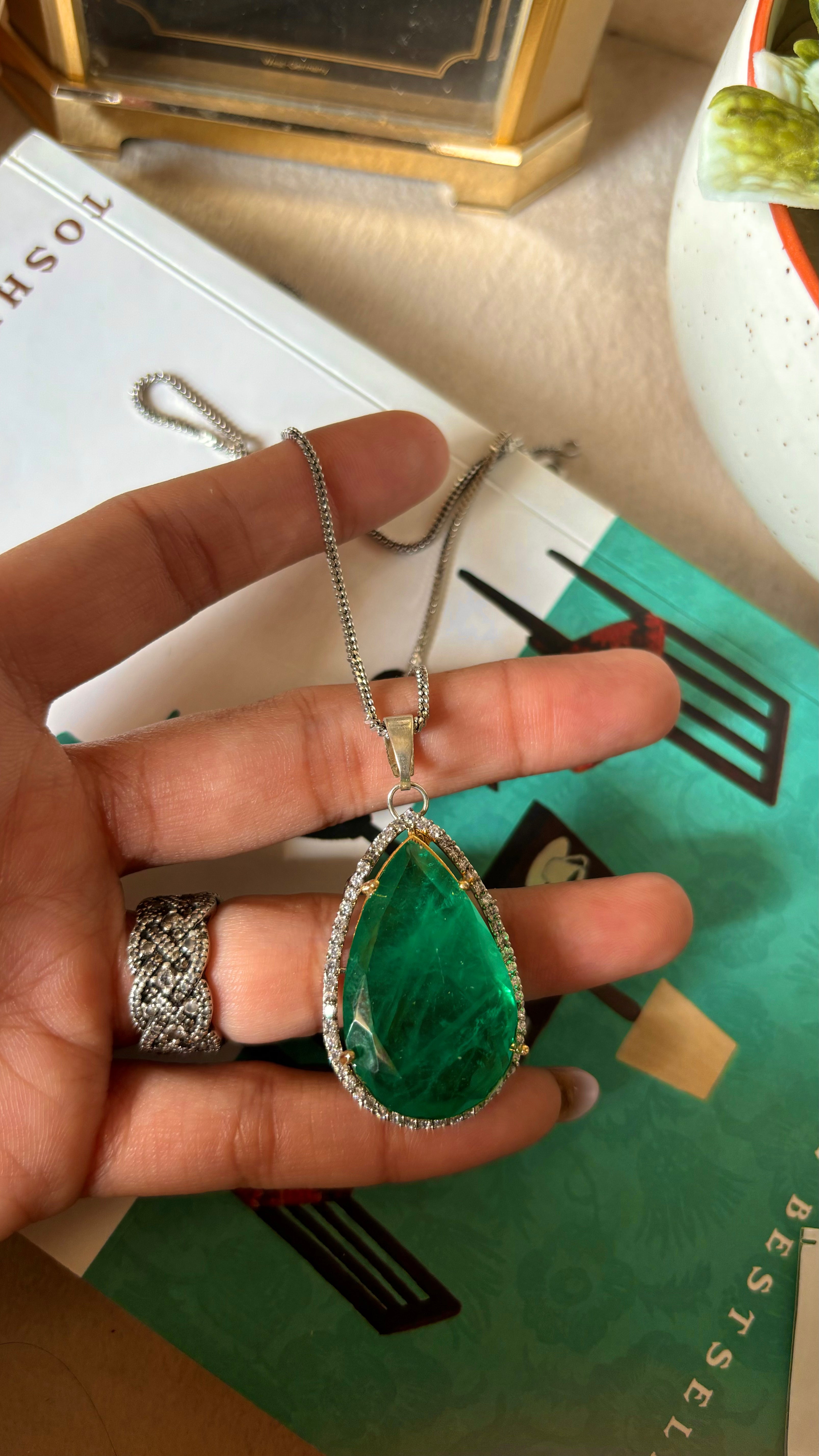 Emerald tear drop pendant set