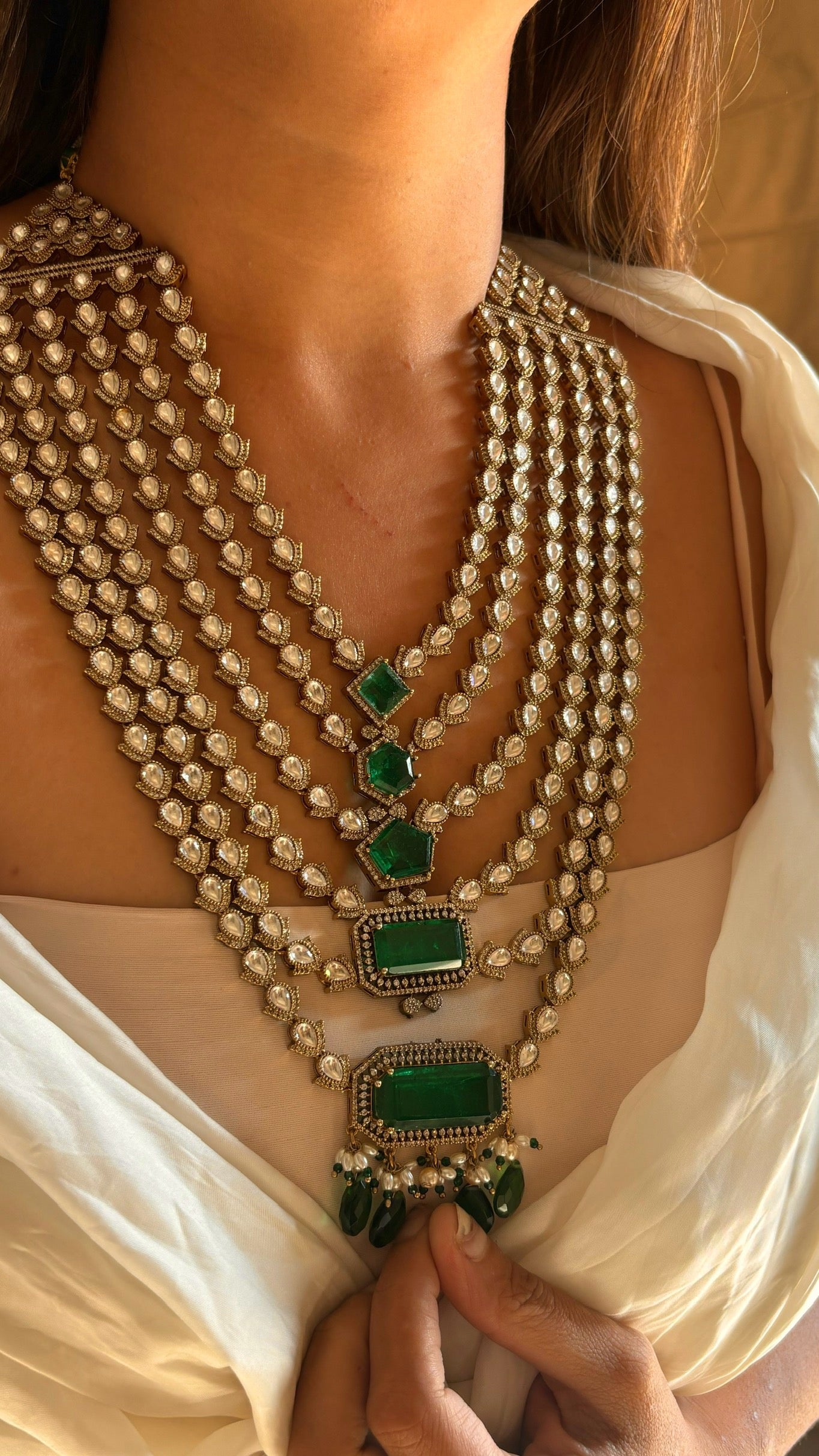 5 layered emerald maharani necklace set