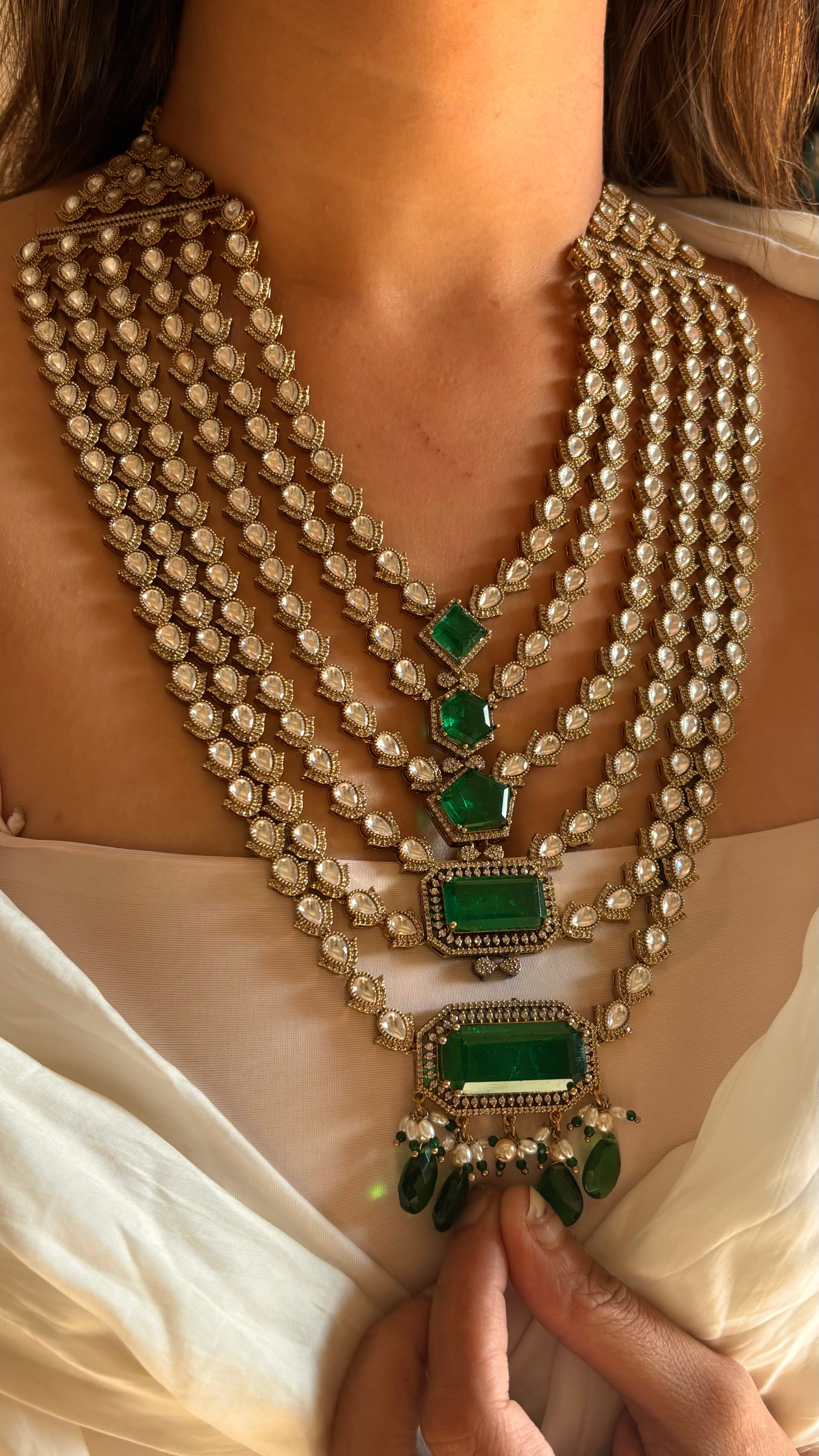 5 layered emerald maharani necklace set