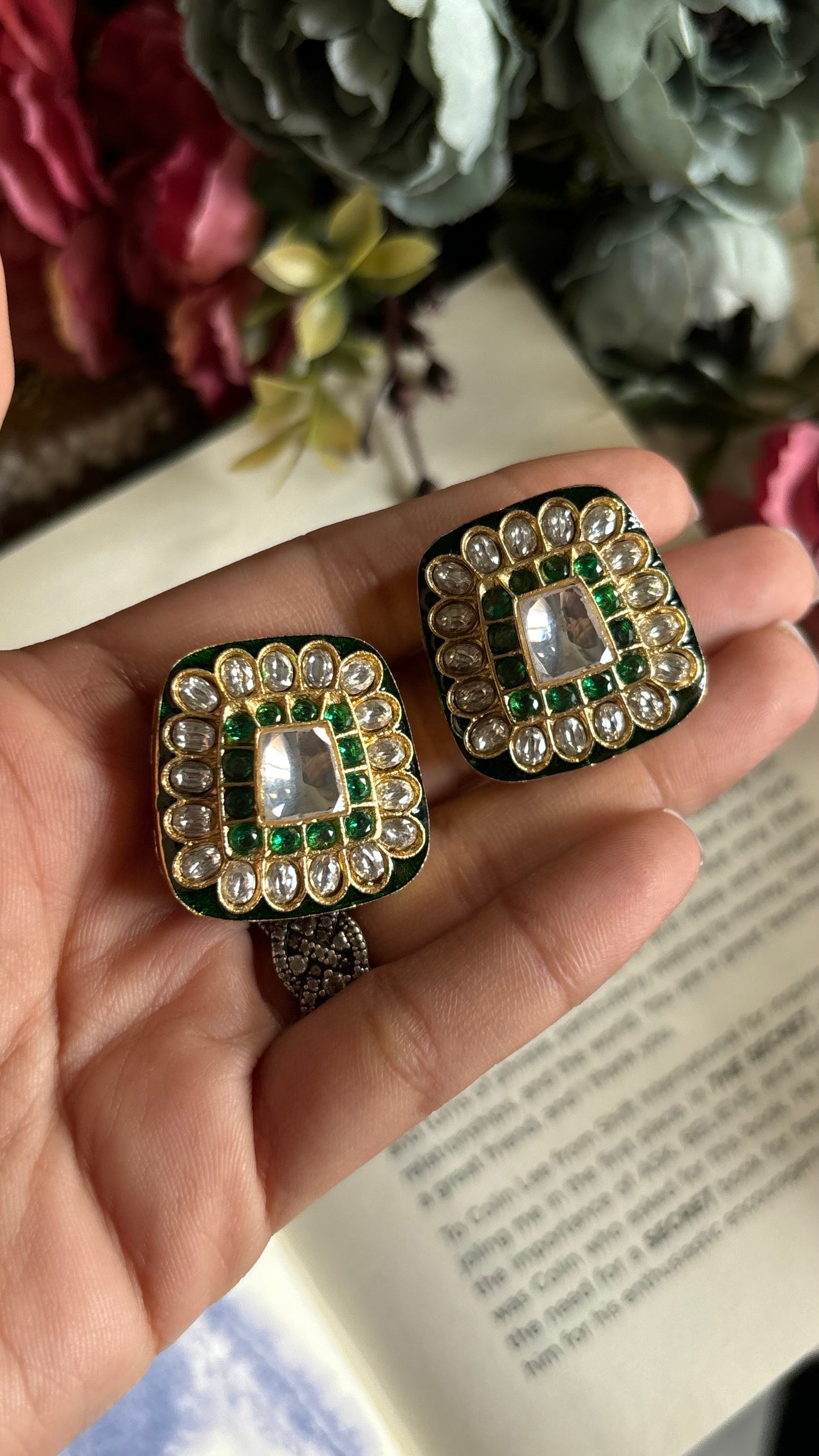 Emerald meenakari polki studs