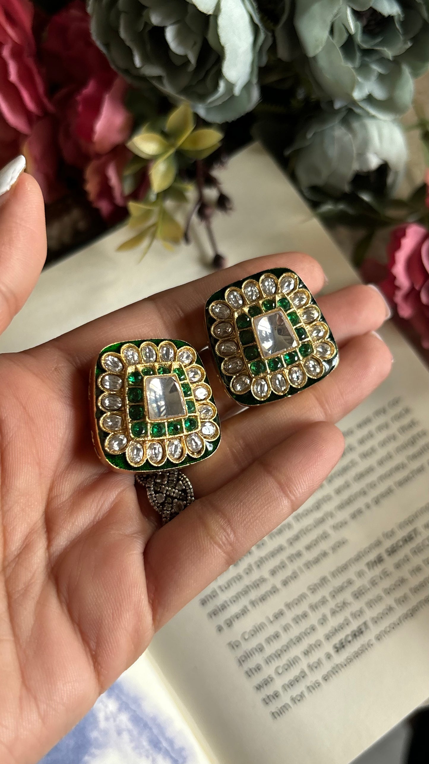 Emerald meenakari polki studs